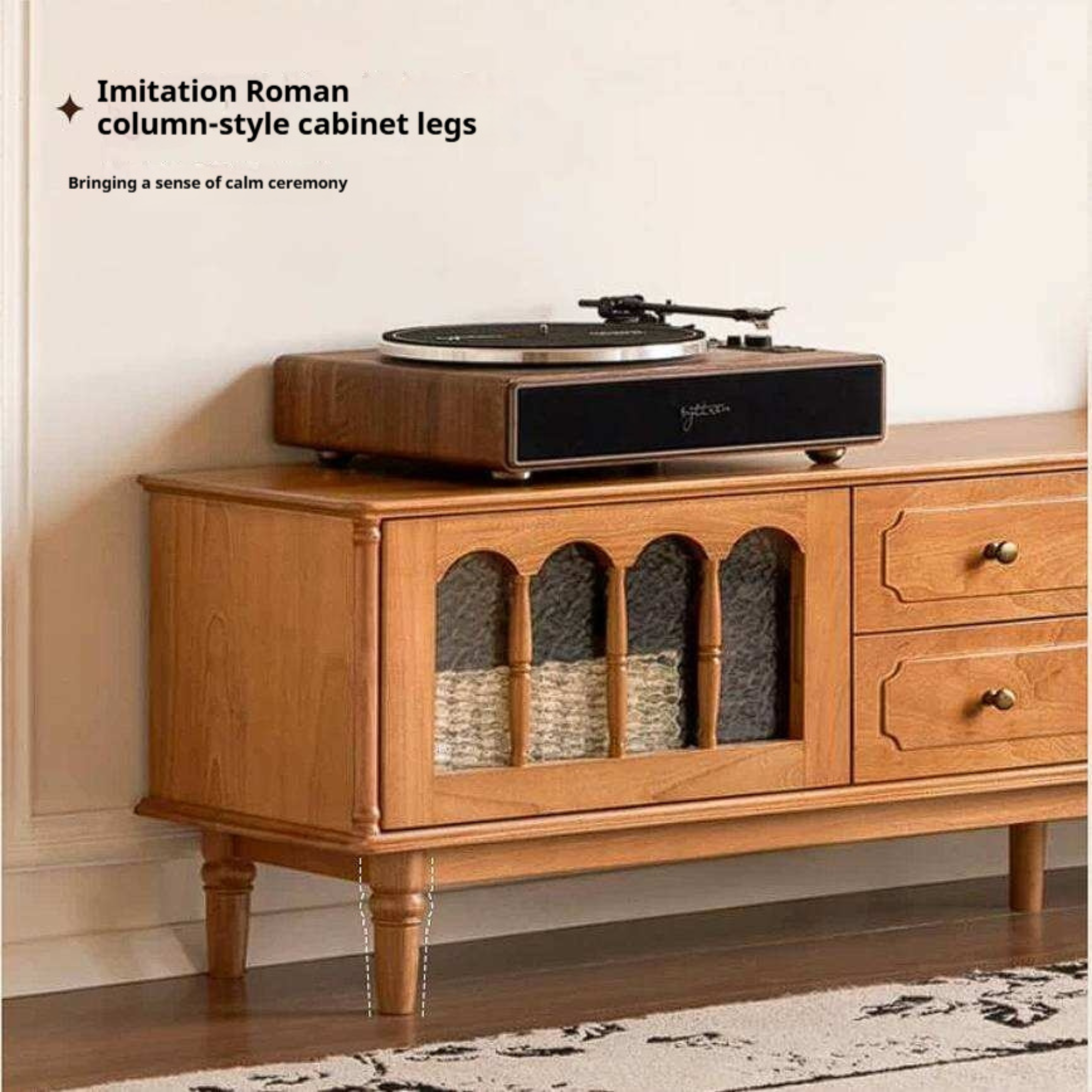 Cherry Solid Wood TV Cabinet with French Retro Glass Door Design