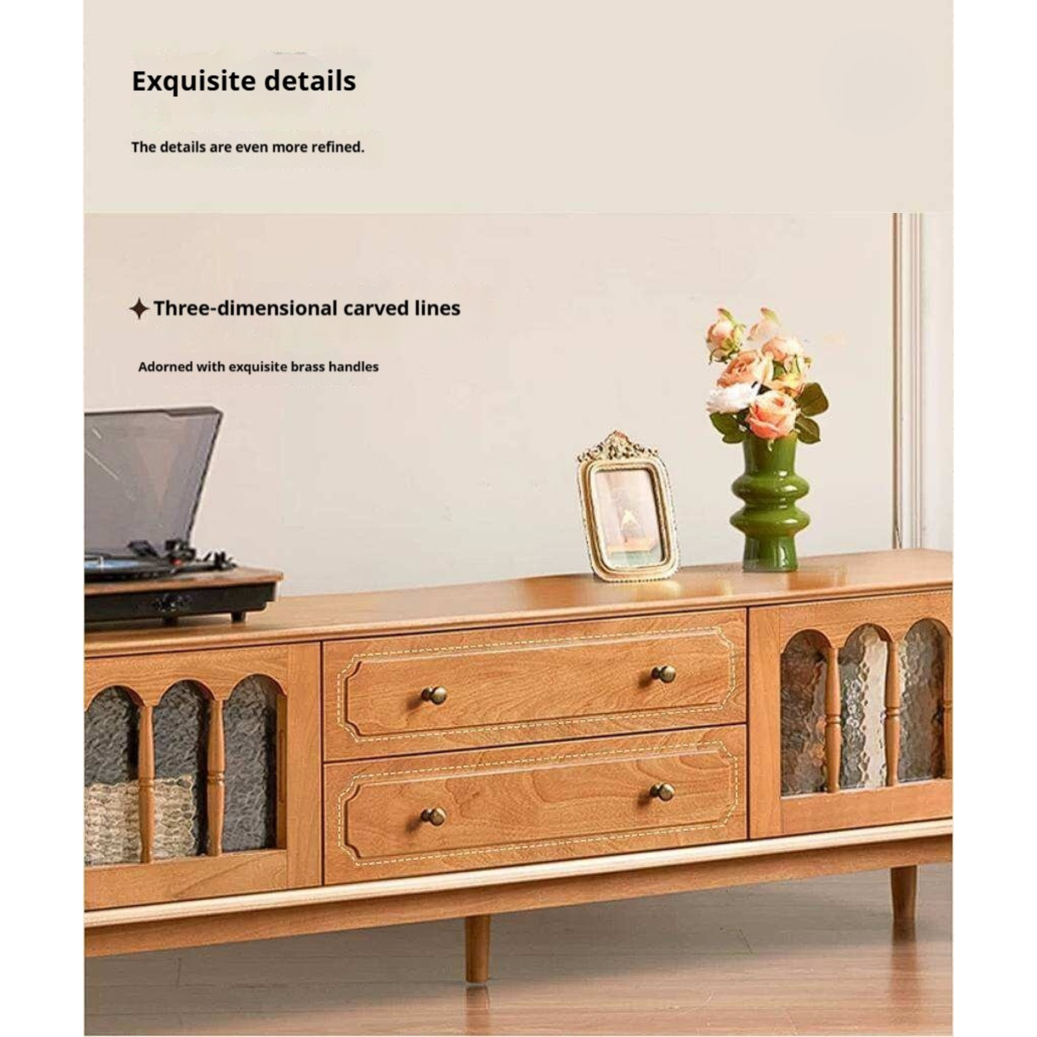 Cherry Solid Wood TV Cabinet with French Retro Glass Door Design