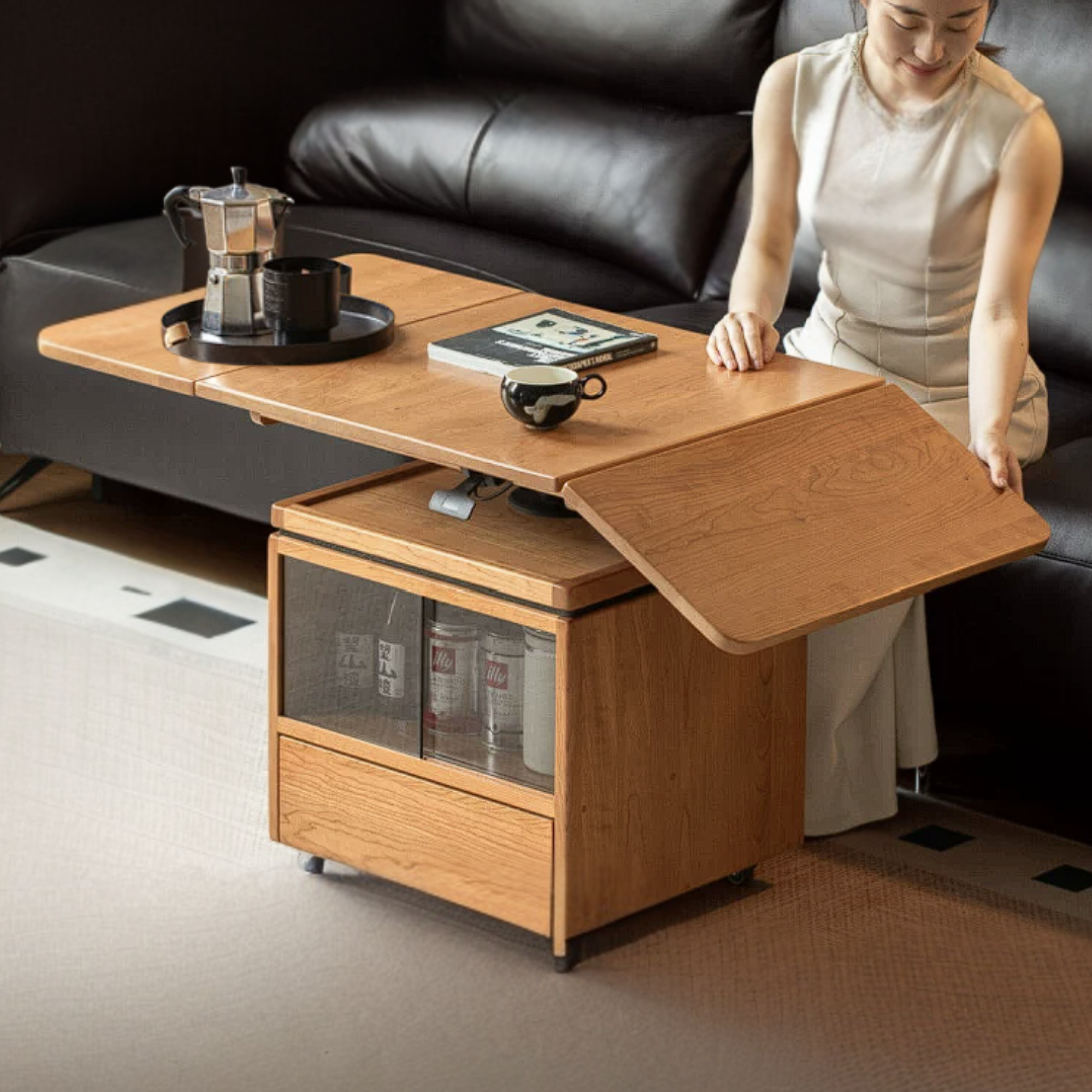 Cherry Solid Wood Folding Coffee Table with Lift-Top Dual Function Design