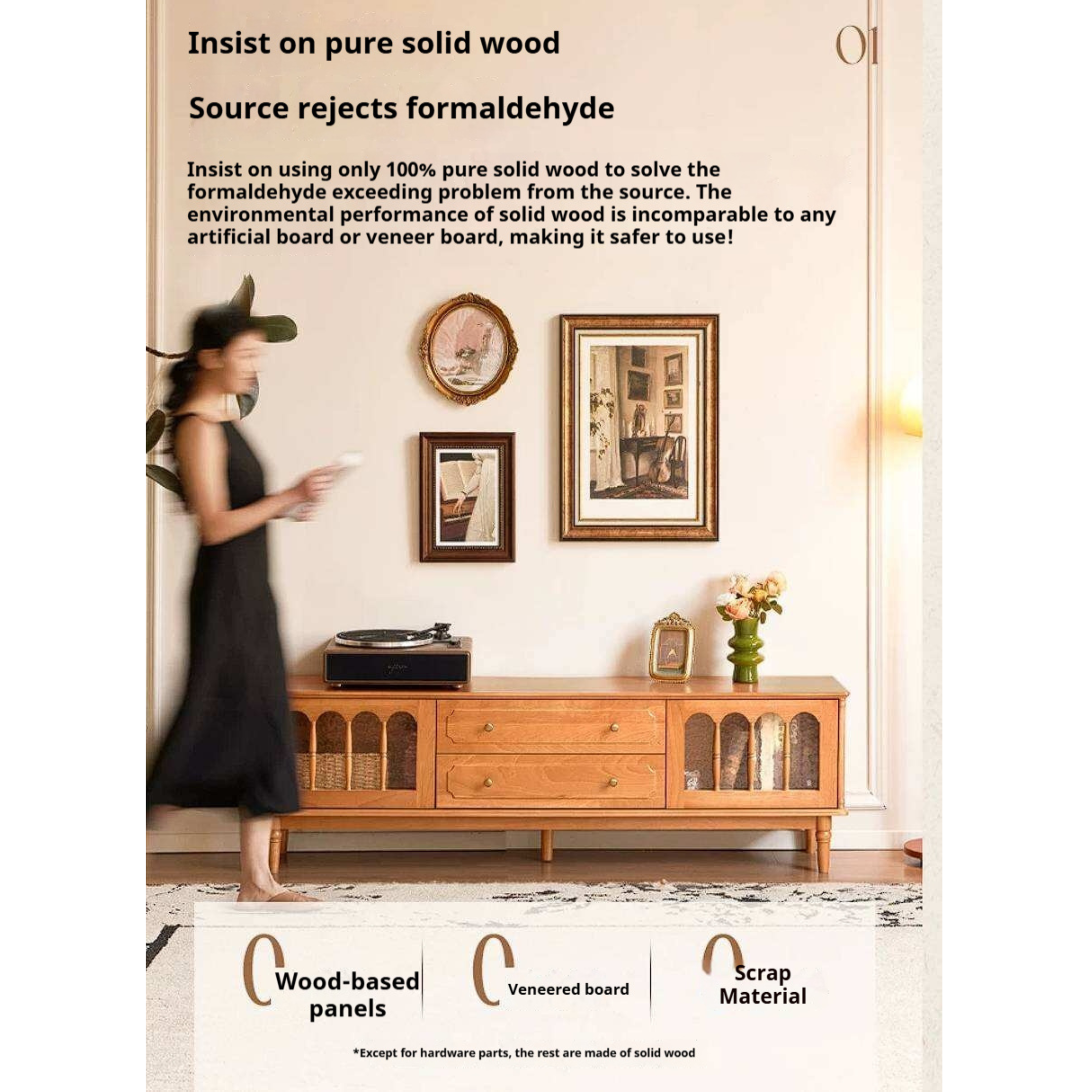 Cherry Solid Wood TV Cabinet with French Retro Glass Door Design
