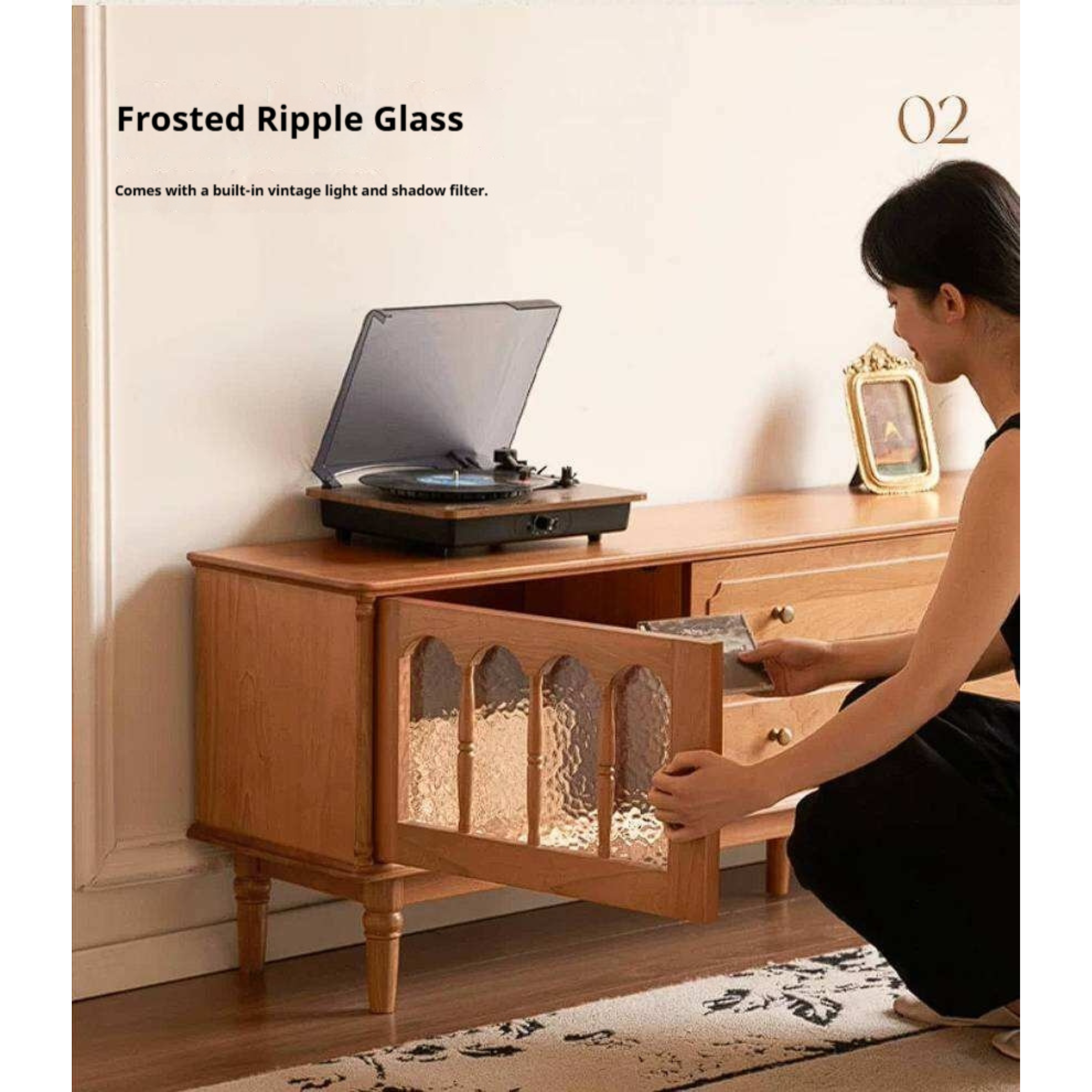 Cherry Solid Wood TV Cabinet with French Retro Glass Door Design