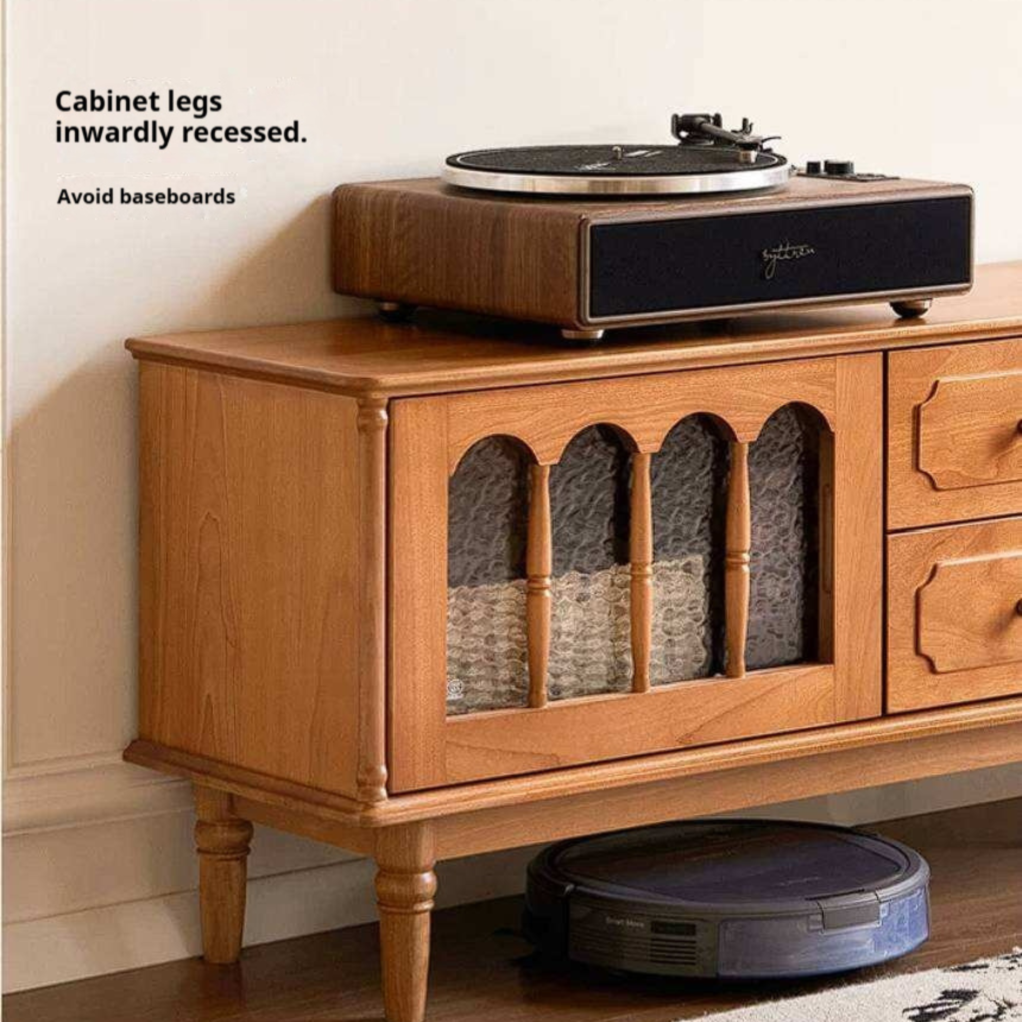 Cherry Solid Wood TV Cabinet with French Retro Glass Door Design