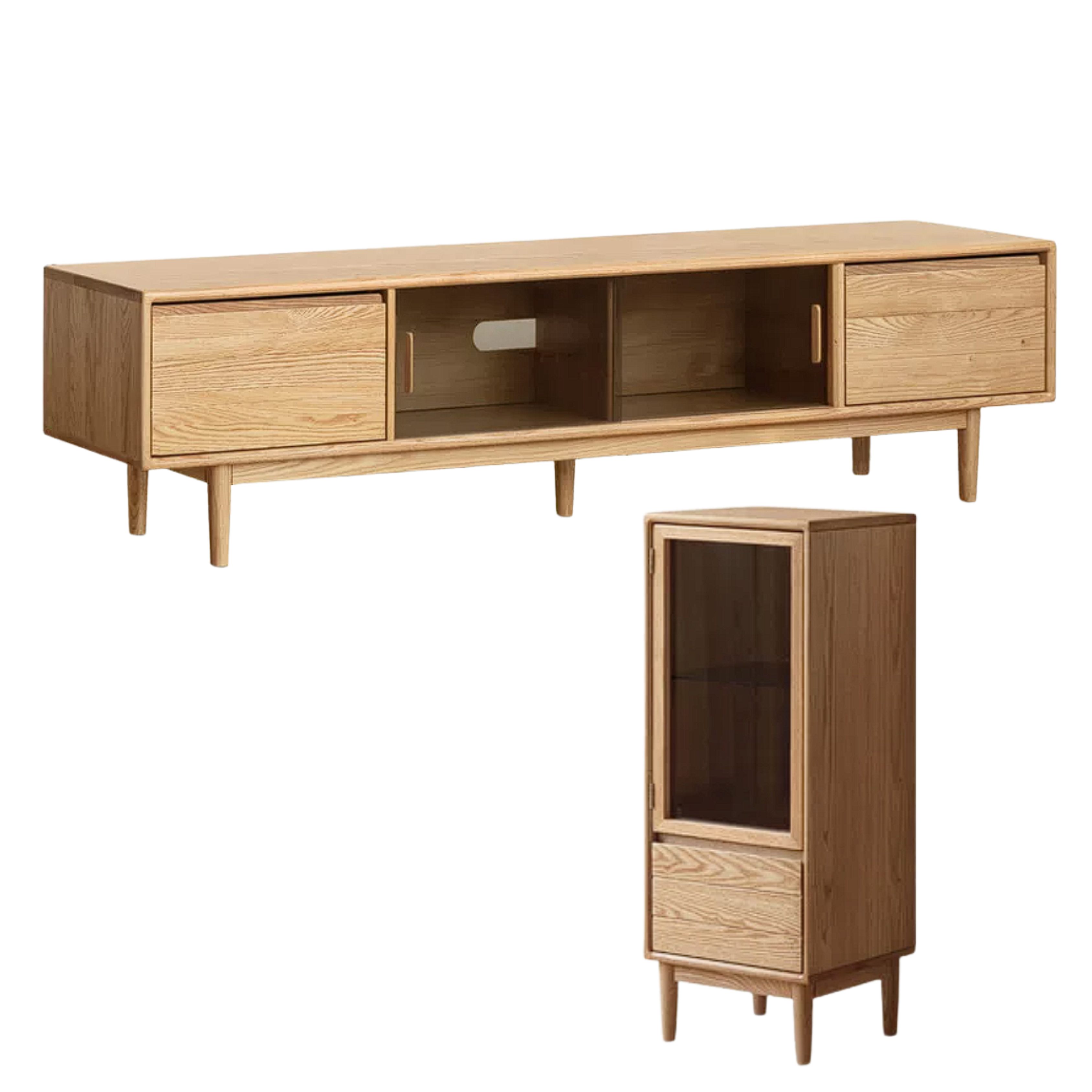 Oak, Ash Solid Wood TV Console with Ribbed Glass Sliding Doors and Tapered Legs