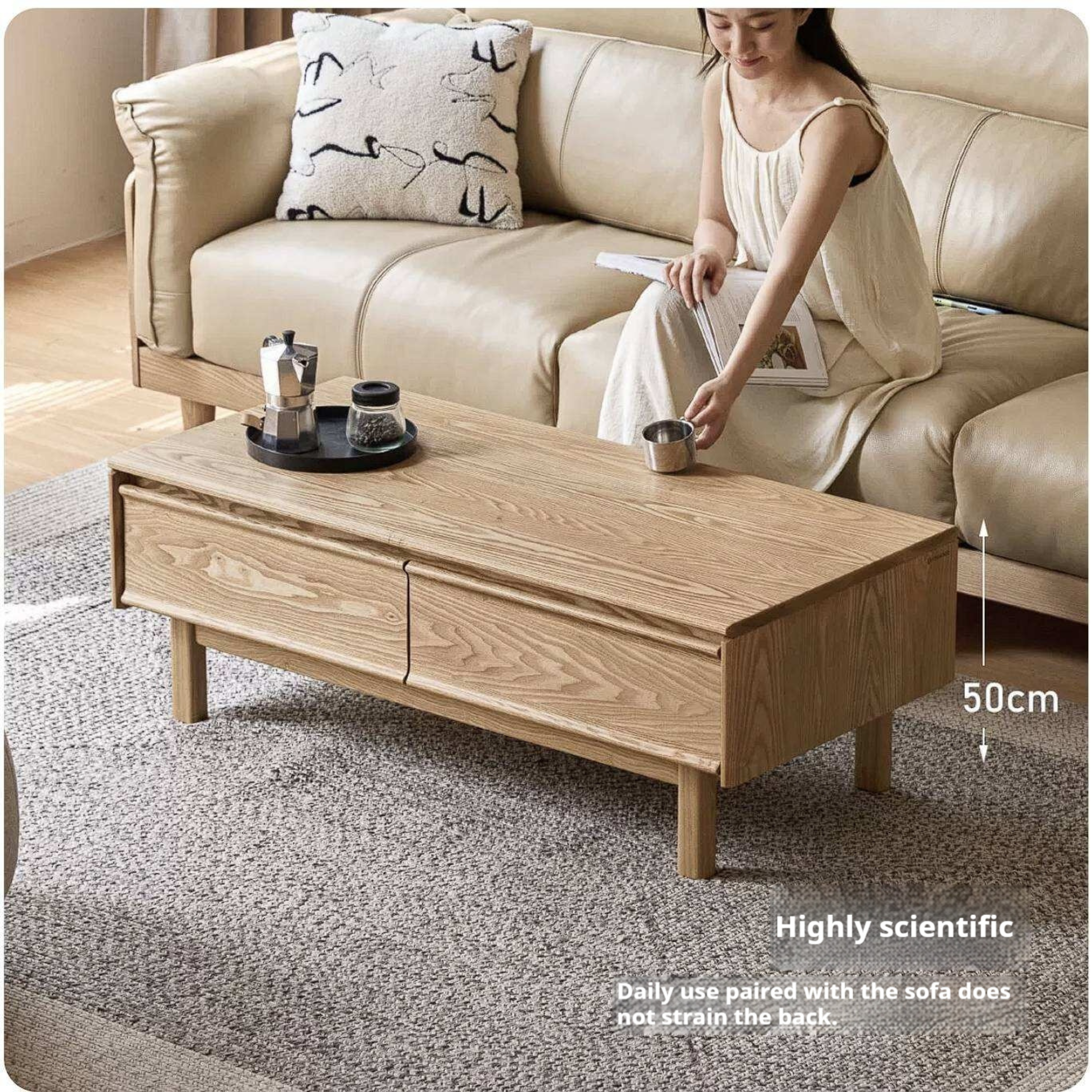 Ash Solid Wood Coffee Table with Beveled Edge, Two Drawers, Tapered Legs