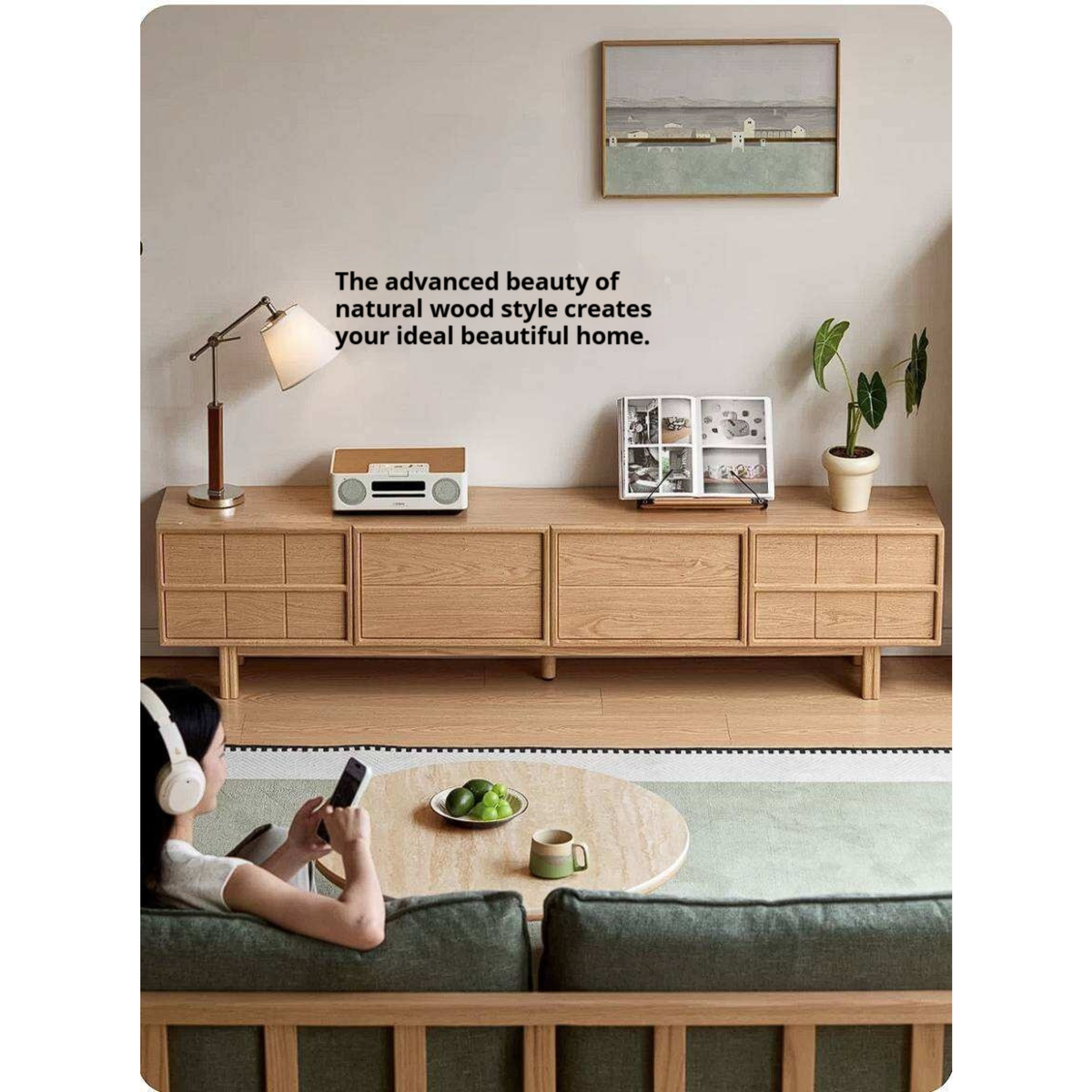 Oak Solid Wood Japandi TV Console with Grid-Panel Doors