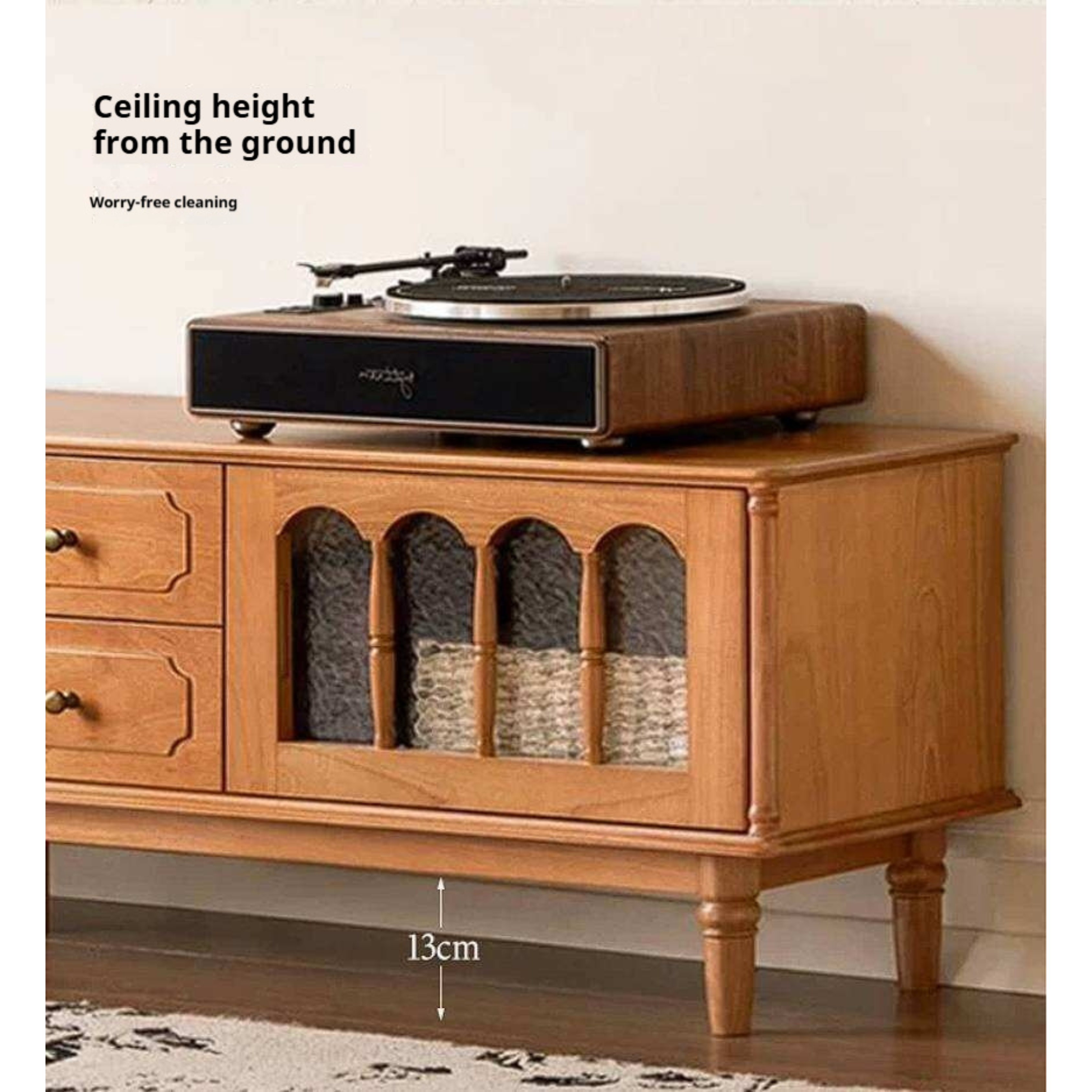 Cherry Solid Wood TV Cabinet with French Retro Glass Door Design