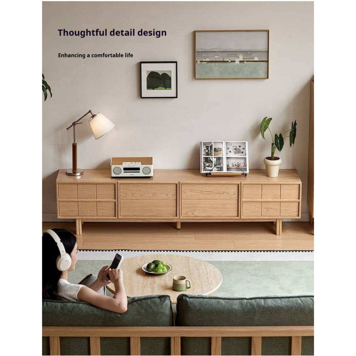 Oak Solid Wood Japandi TV Console with Grid-Panel Doors