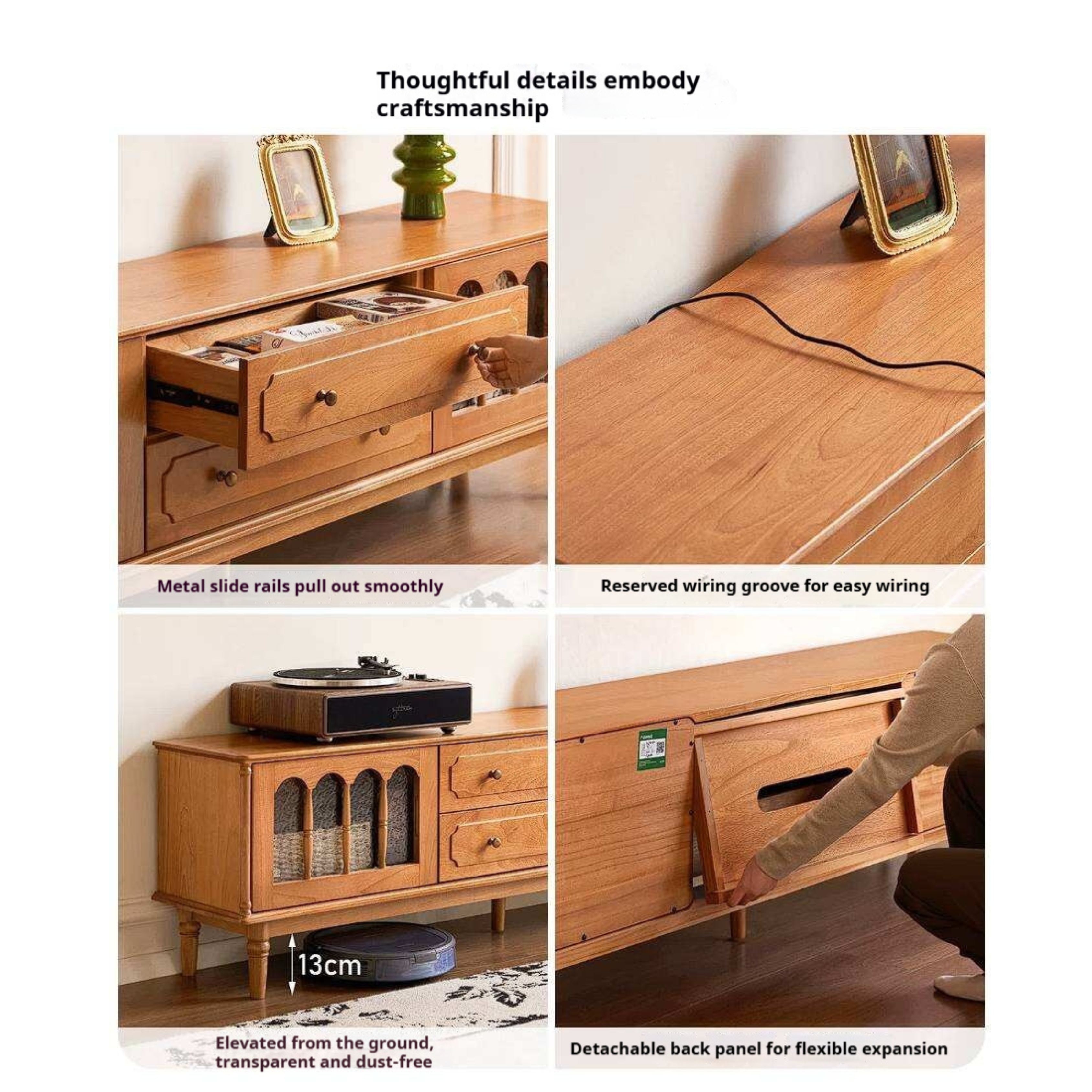Cherry Solid Wood TV Cabinet with French Retro Glass Door Design