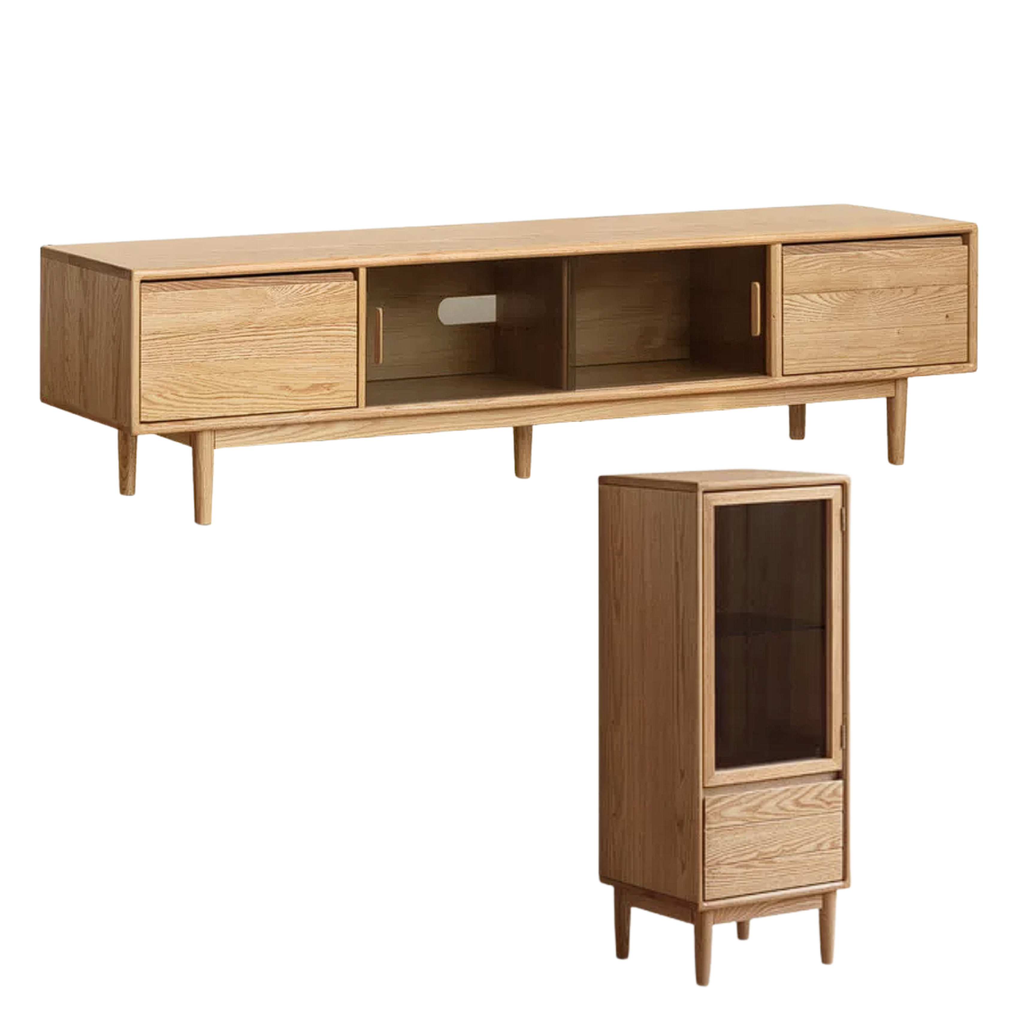 Oak, Ash Solid Wood TV Console with Ribbed Glass Sliding Doors and Tapered Legs