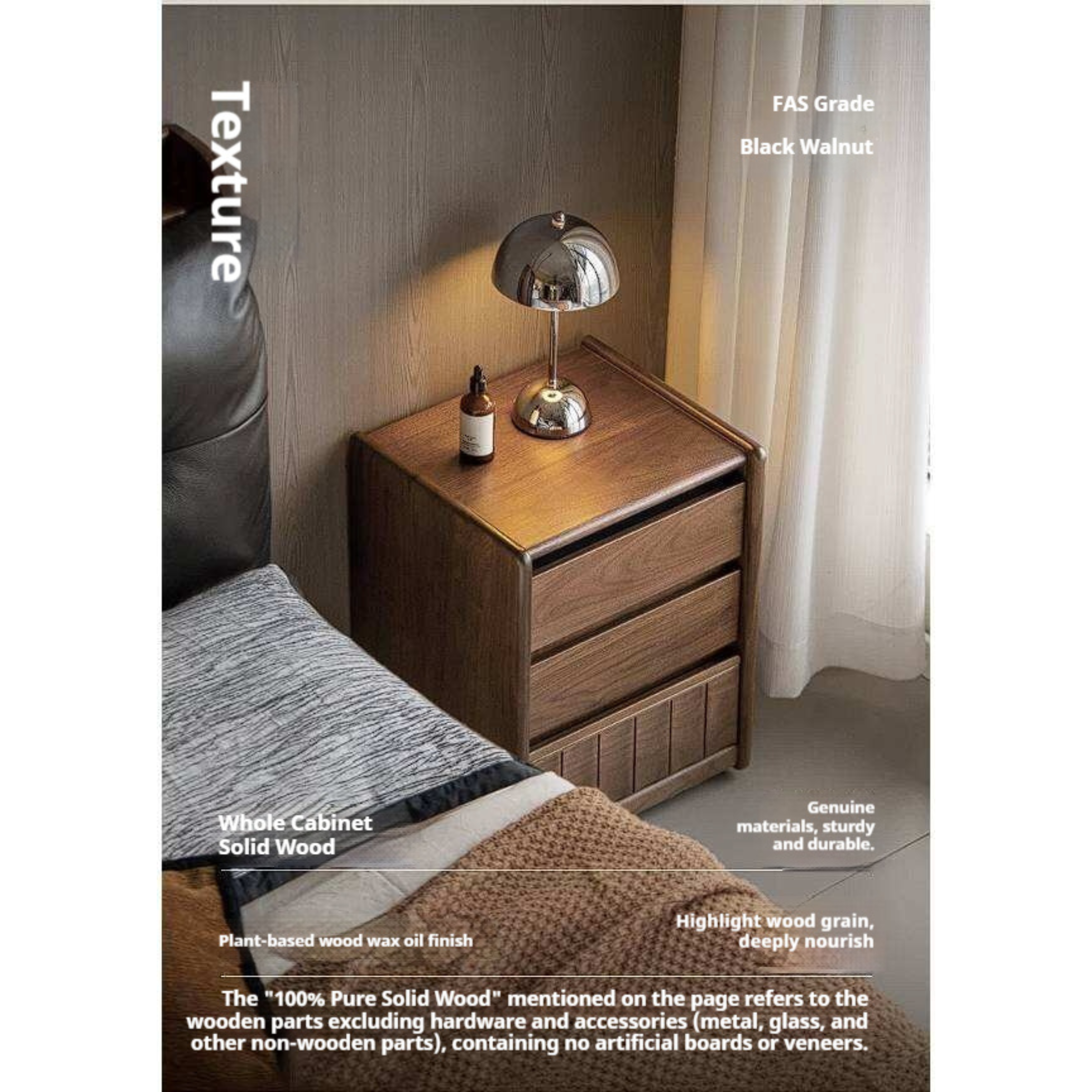 Black Walnut Solid Wood Nightstand Italian Style with Wheels