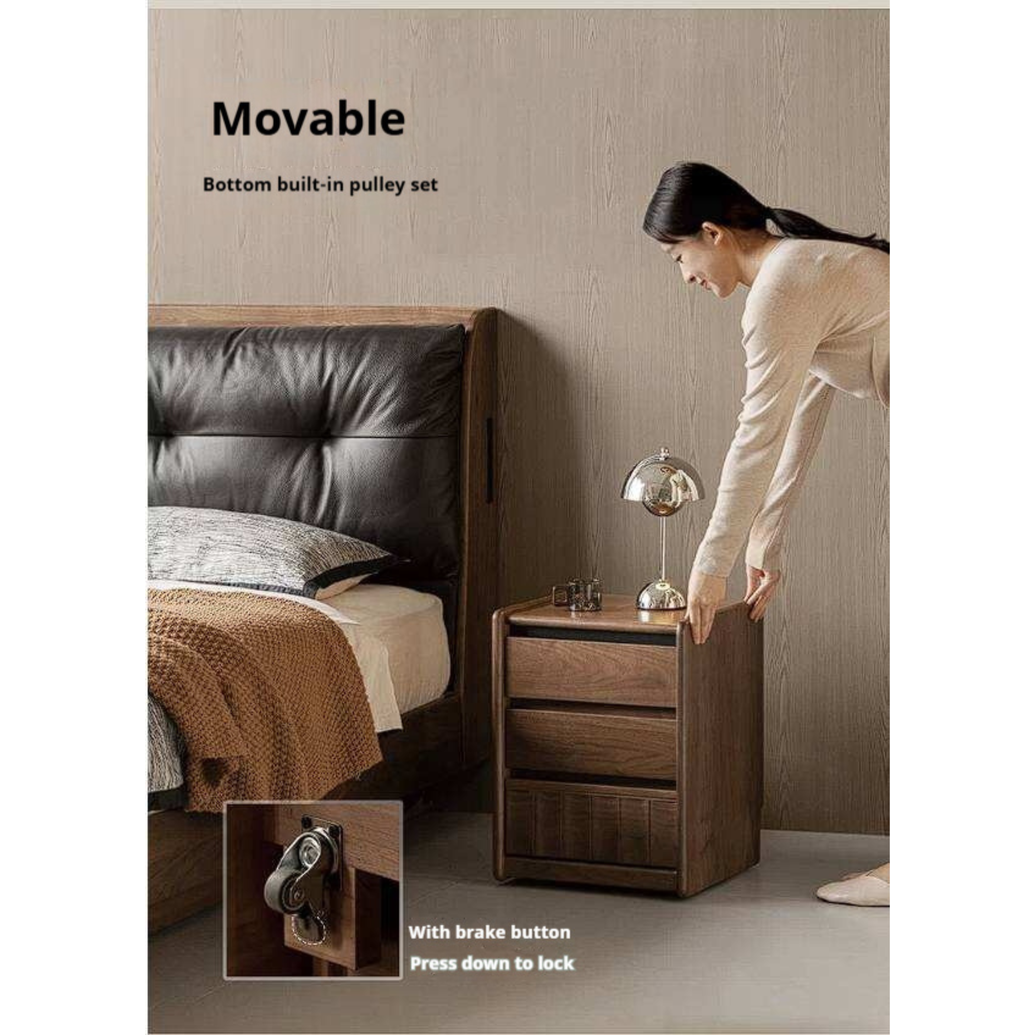 Black Walnut Solid Wood Nightstand Italian Style with Wheels