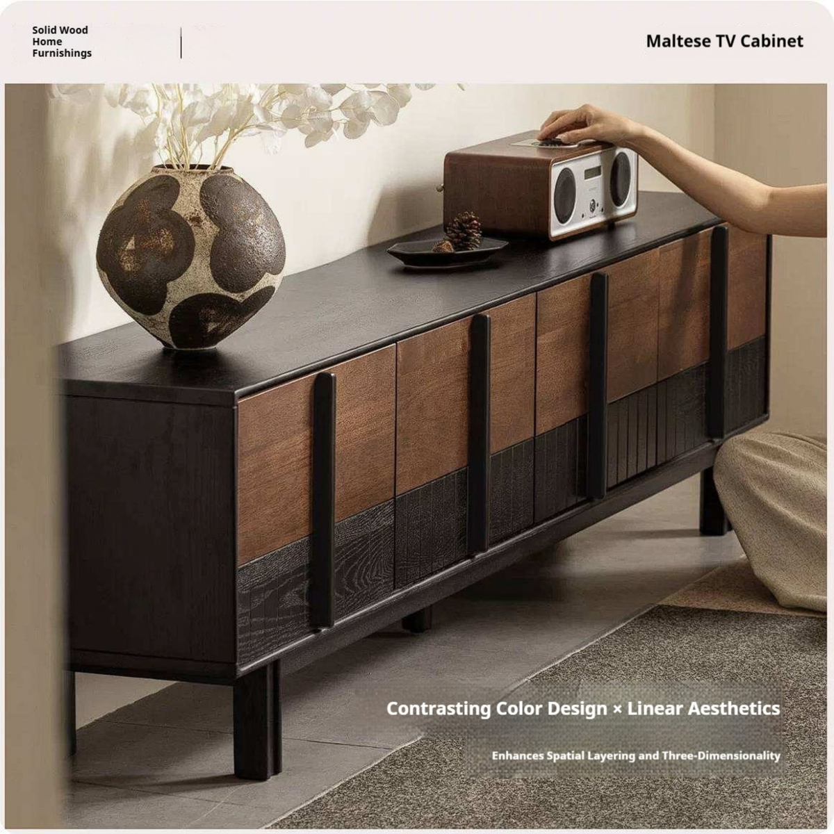 Ash Solid Wood TV Console with Black Frame and Ribbed Wood Sliding Doors