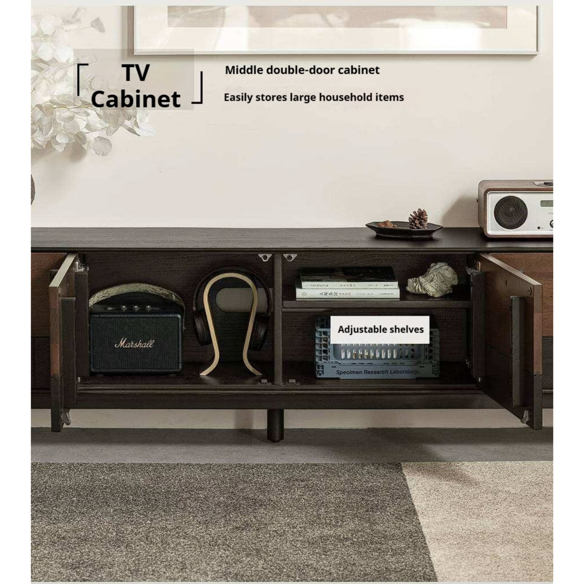 Ash Solid Wood TV Console with Black Frame and Ribbed Wood Sliding Doors