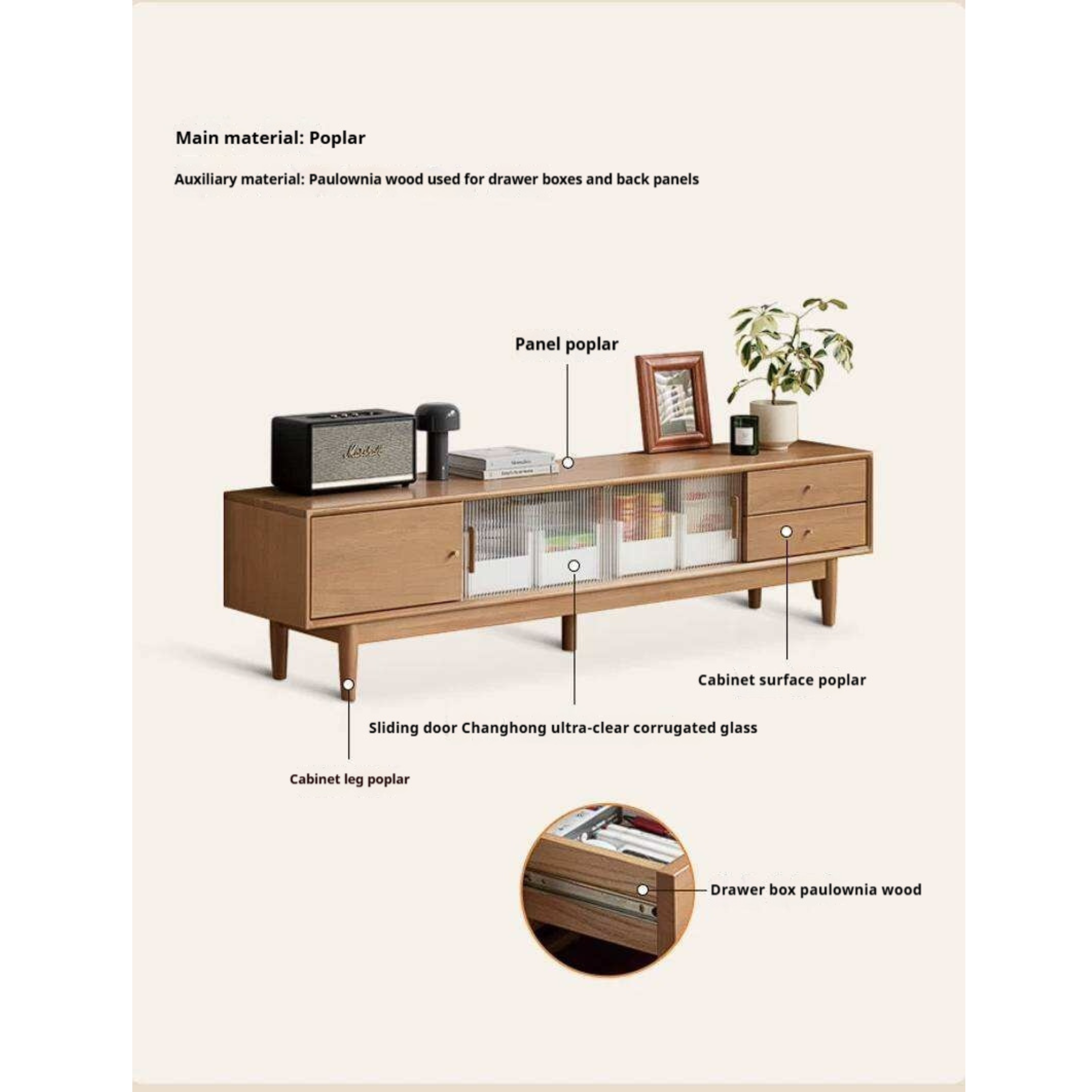 Poplar Solid Wood TV Cabinet with Glass Sliding Doors and Modern Storage