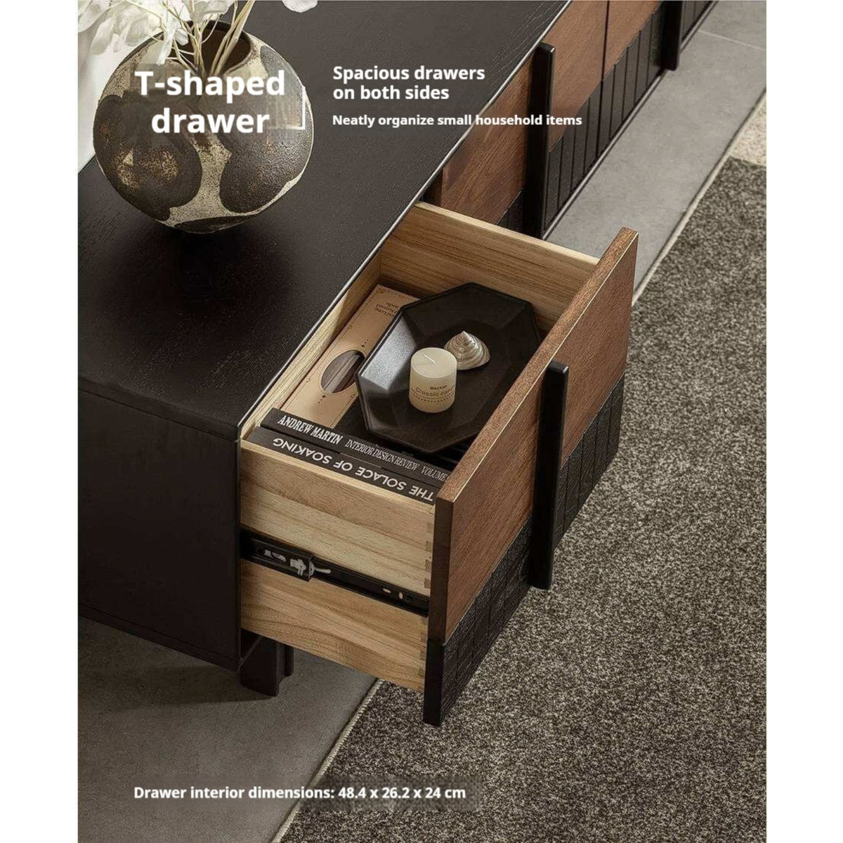 Ash Solid Wood TV Console with Black Frame and Ribbed Wood Sliding Doors