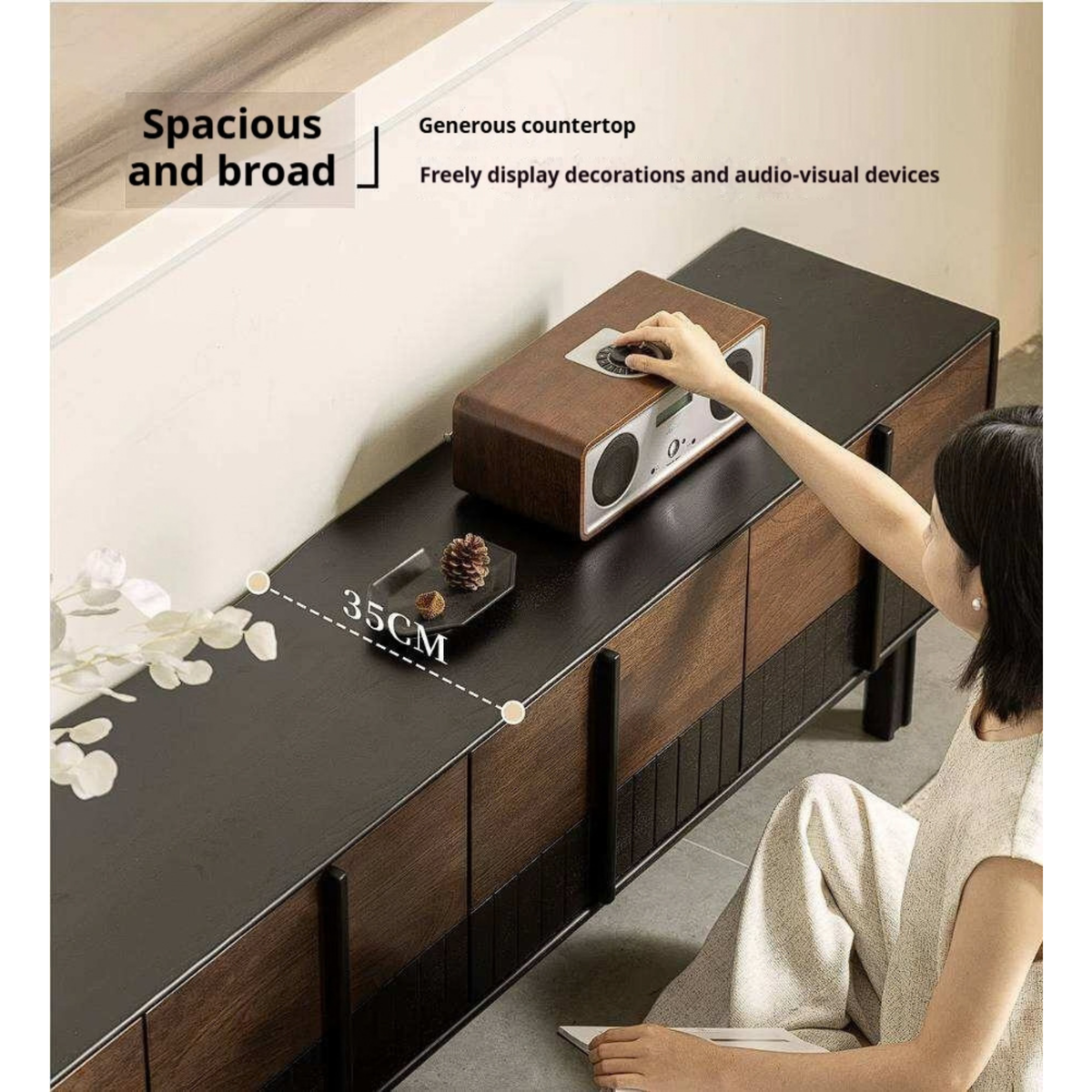 Ash Solid Wood TV Console with Black Frame and Ribbed Wood Sliding Doors