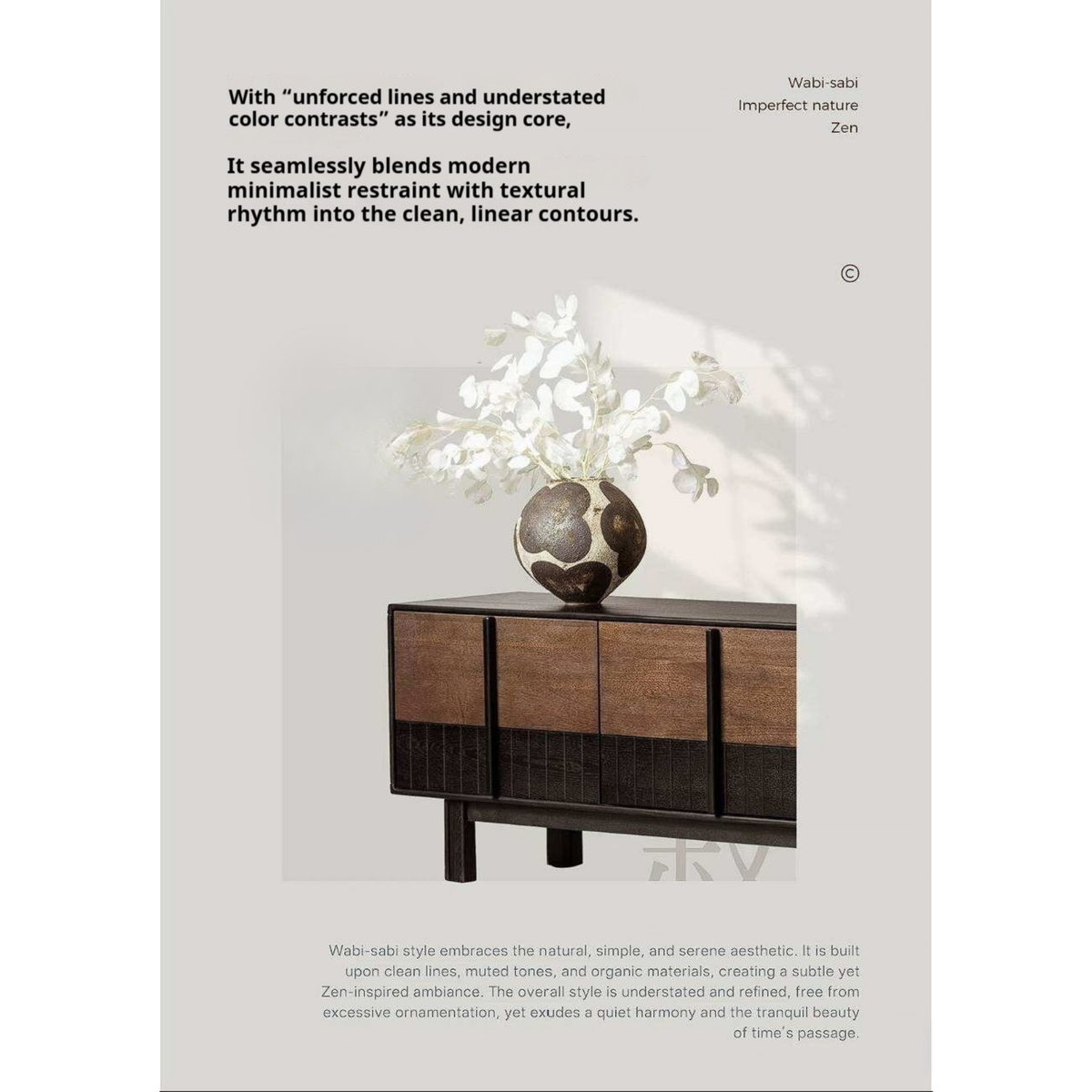 Ash Solid Wood TV Console with Black Frame and Ribbed Wood Sliding Doors