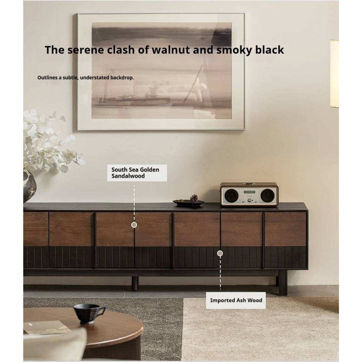 Ash Solid Wood TV Console with Black Frame and Ribbed Wood Sliding Doors
