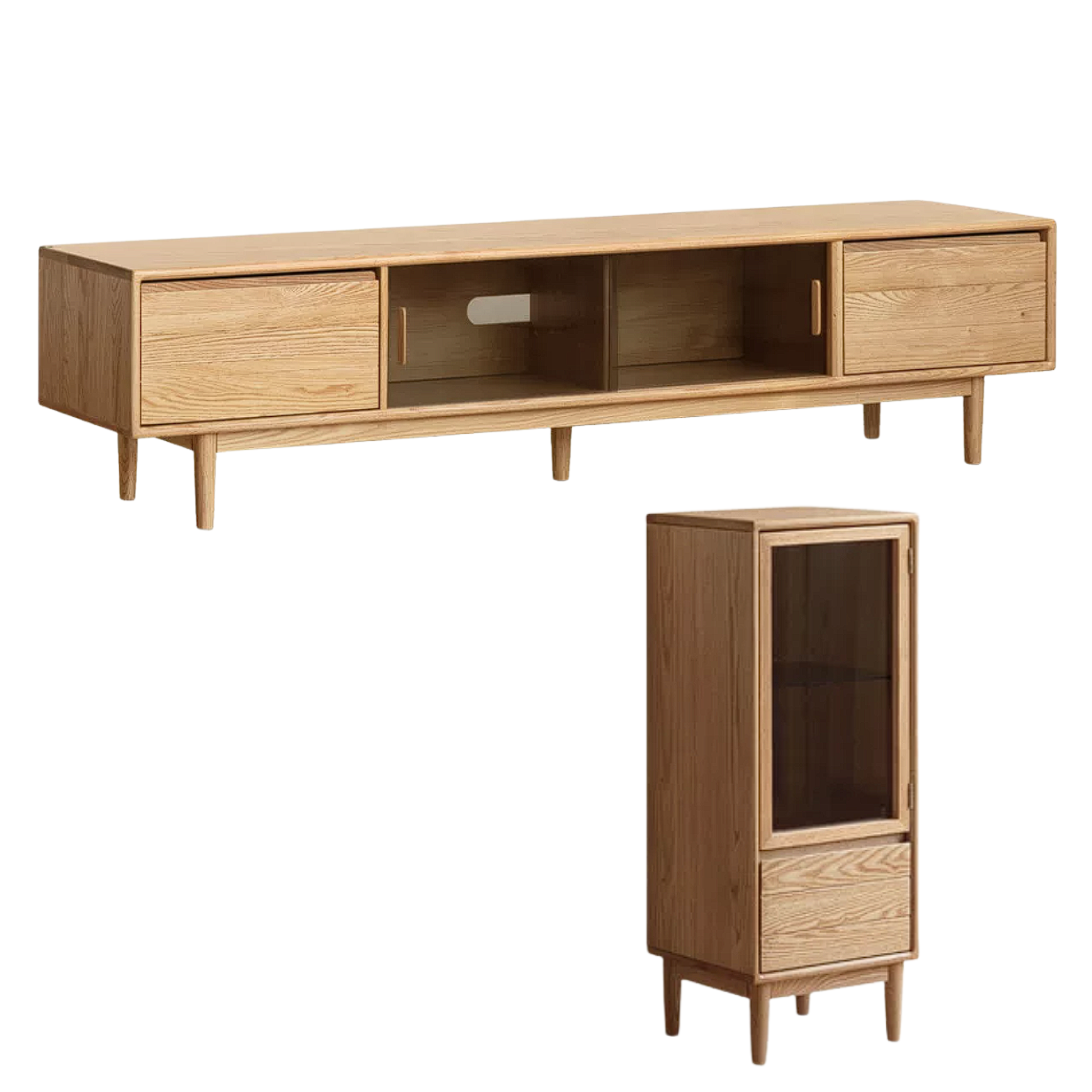 Oak, Ash Solid Wood TV Console with Ribbed Glass Sliding Doors and Tapered Legs