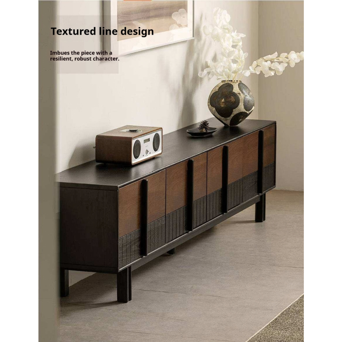 Ash Solid Wood TV Console with Black Frame and Ribbed Wood Sliding Doors
