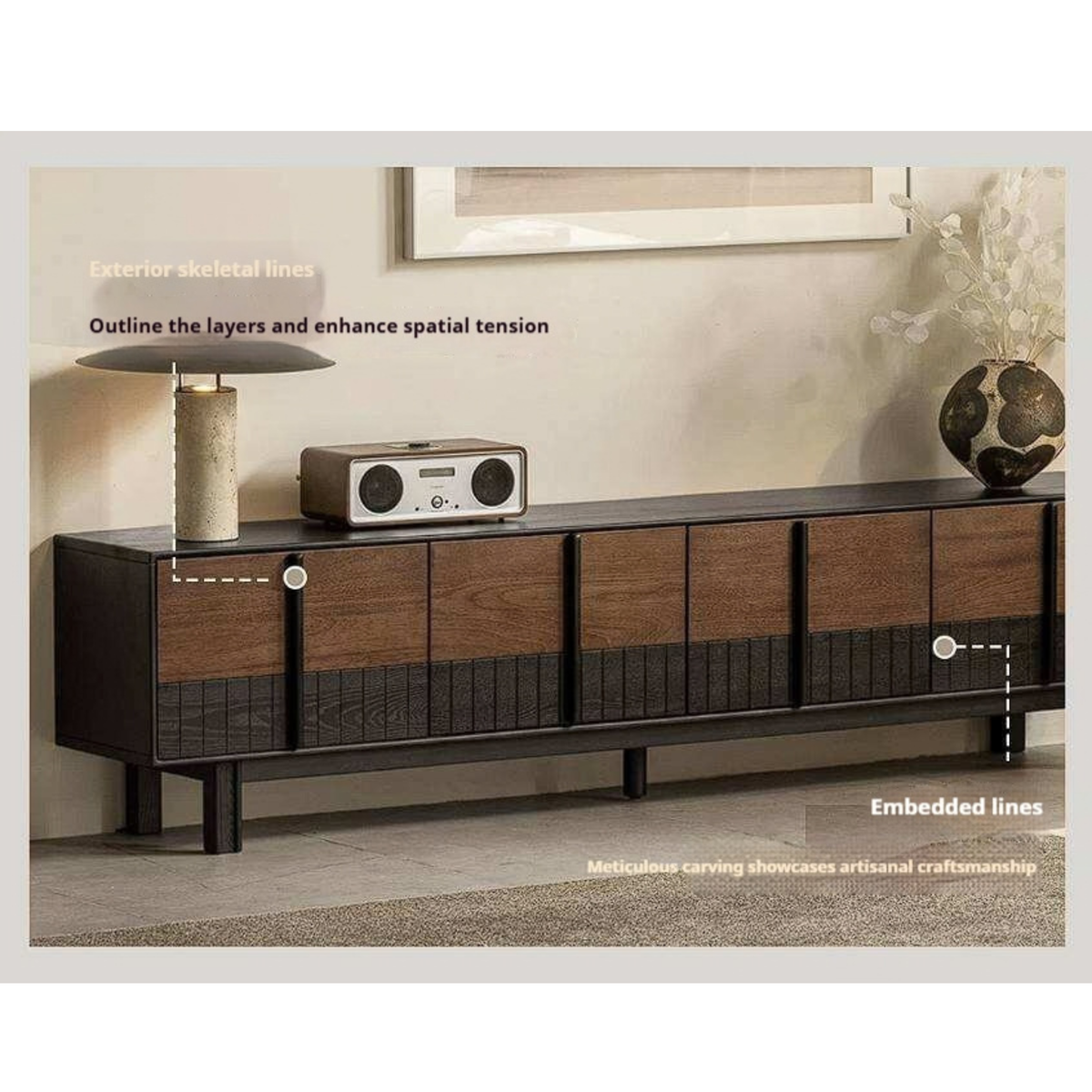 Ash Solid Wood TV Console with Black Frame and Ribbed Wood Sliding Doors
