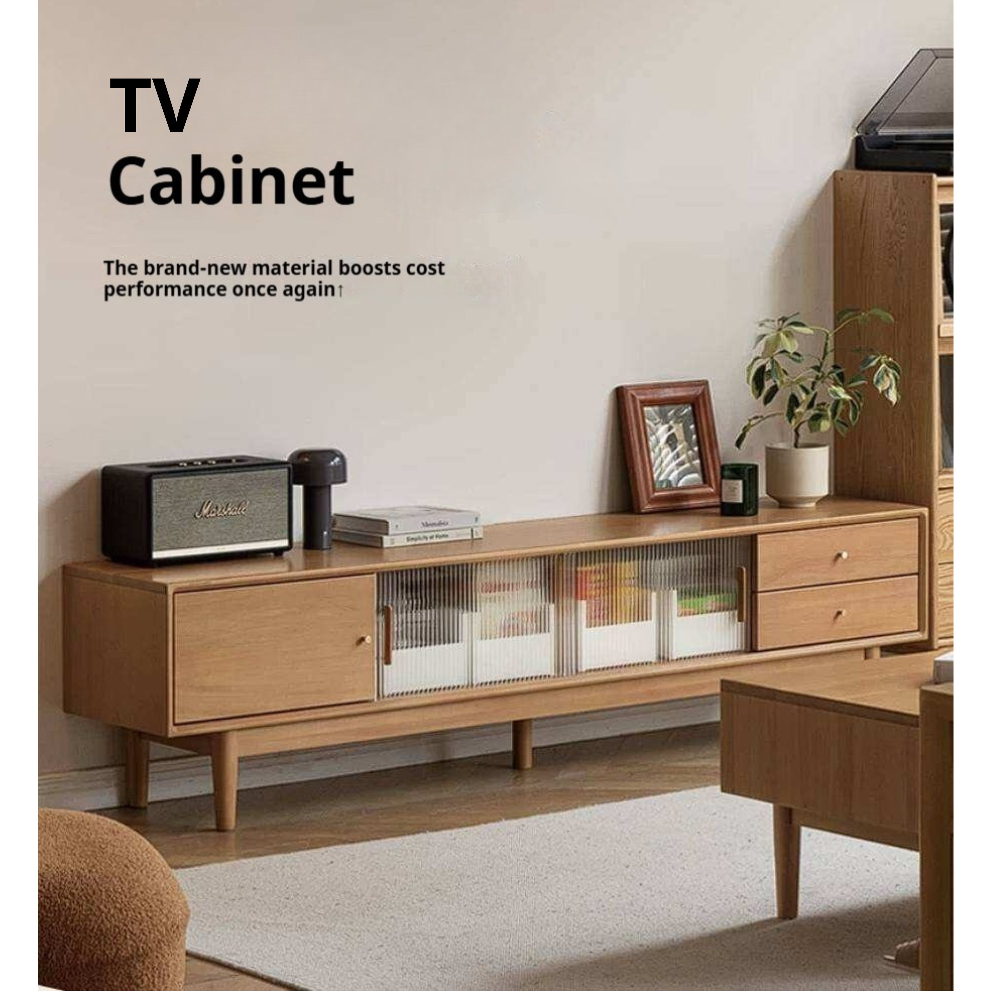 Poplar Solid Wood TV Cabinet with Glass Sliding Doors and Modern Storage