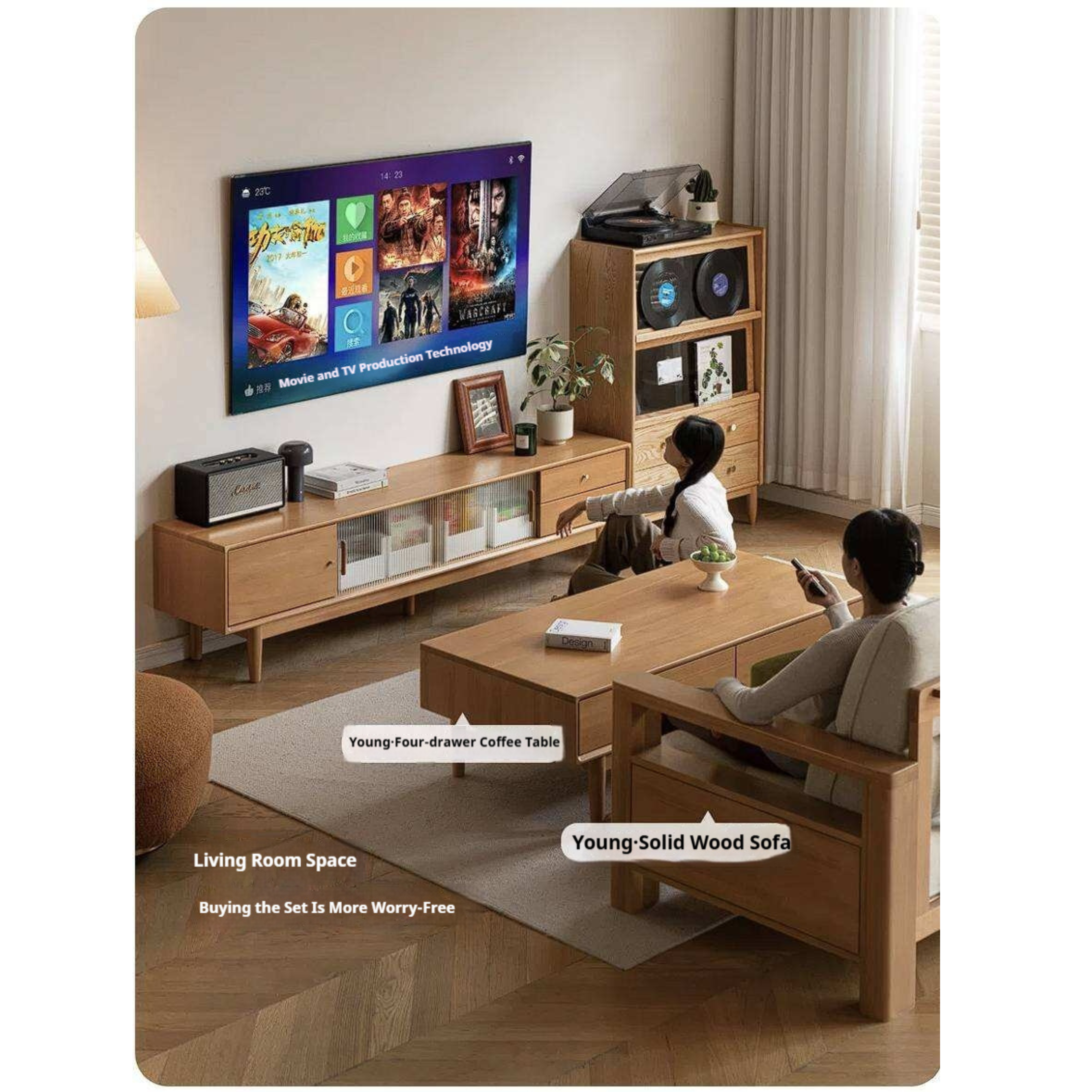 Poplar Solid Wood TV Cabinet with Glass Sliding Doors and Modern Storage
