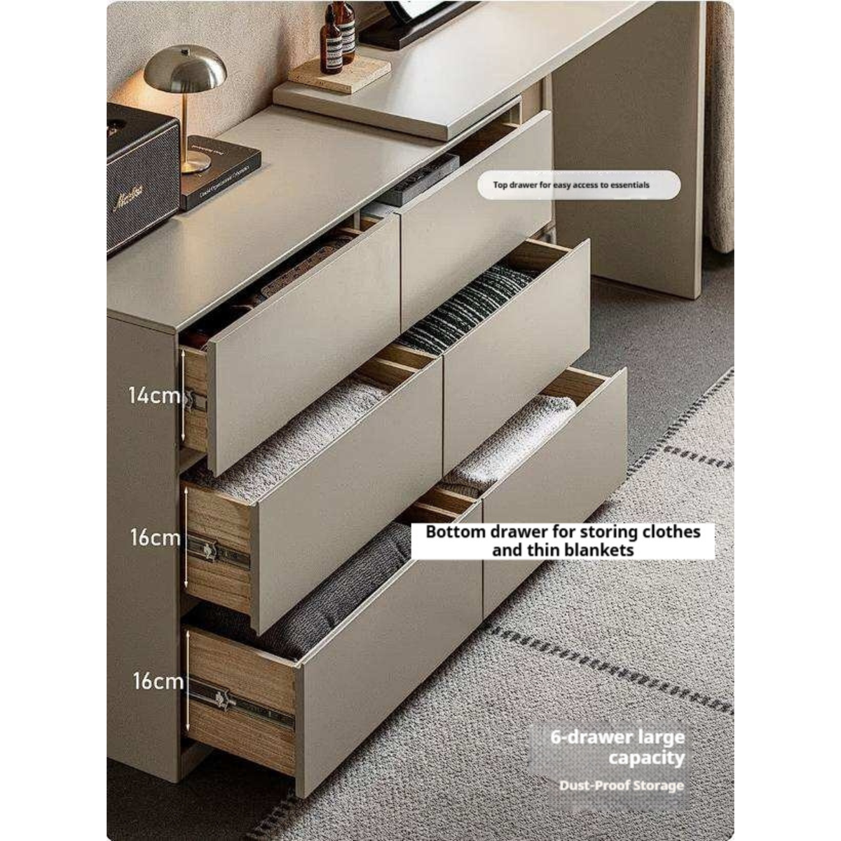 Solid RubberWood Extendable Dresser and Vanity Desk Combo with LED Lighted Mirror