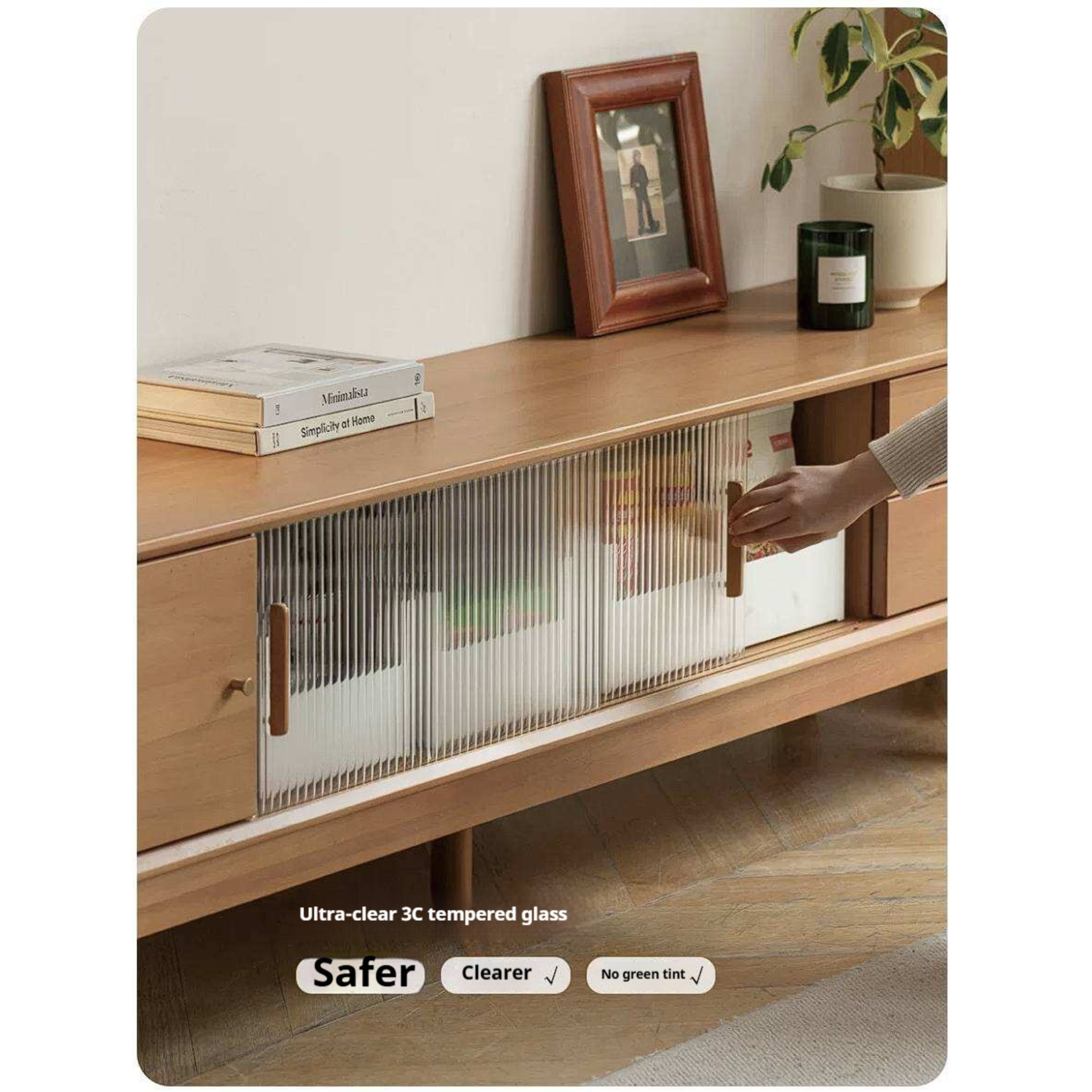 Poplar Solid Wood TV Cabinet with Glass Sliding Doors and Modern Storage