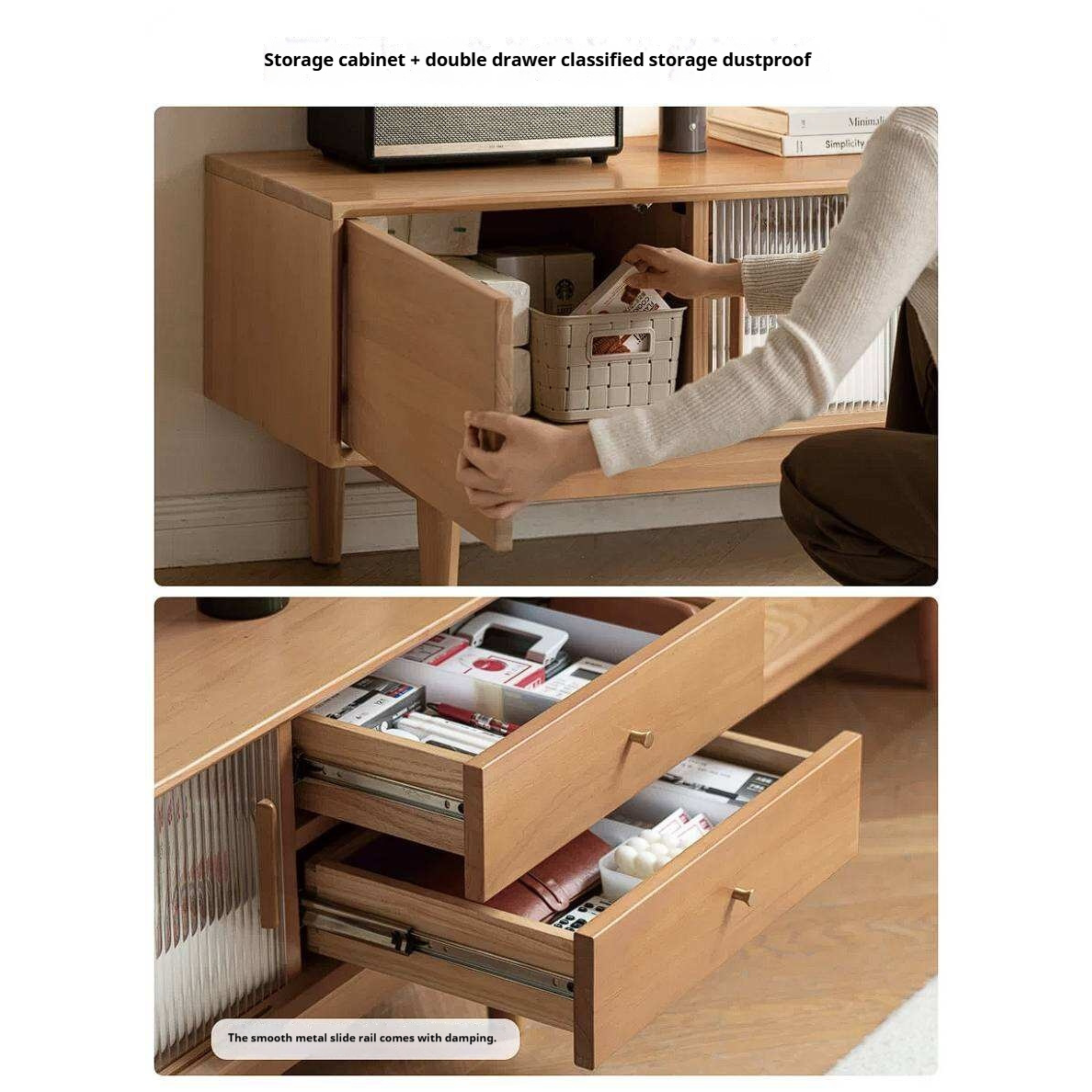 Poplar Solid Wood TV Cabinet with Glass Sliding Doors and Modern Storage