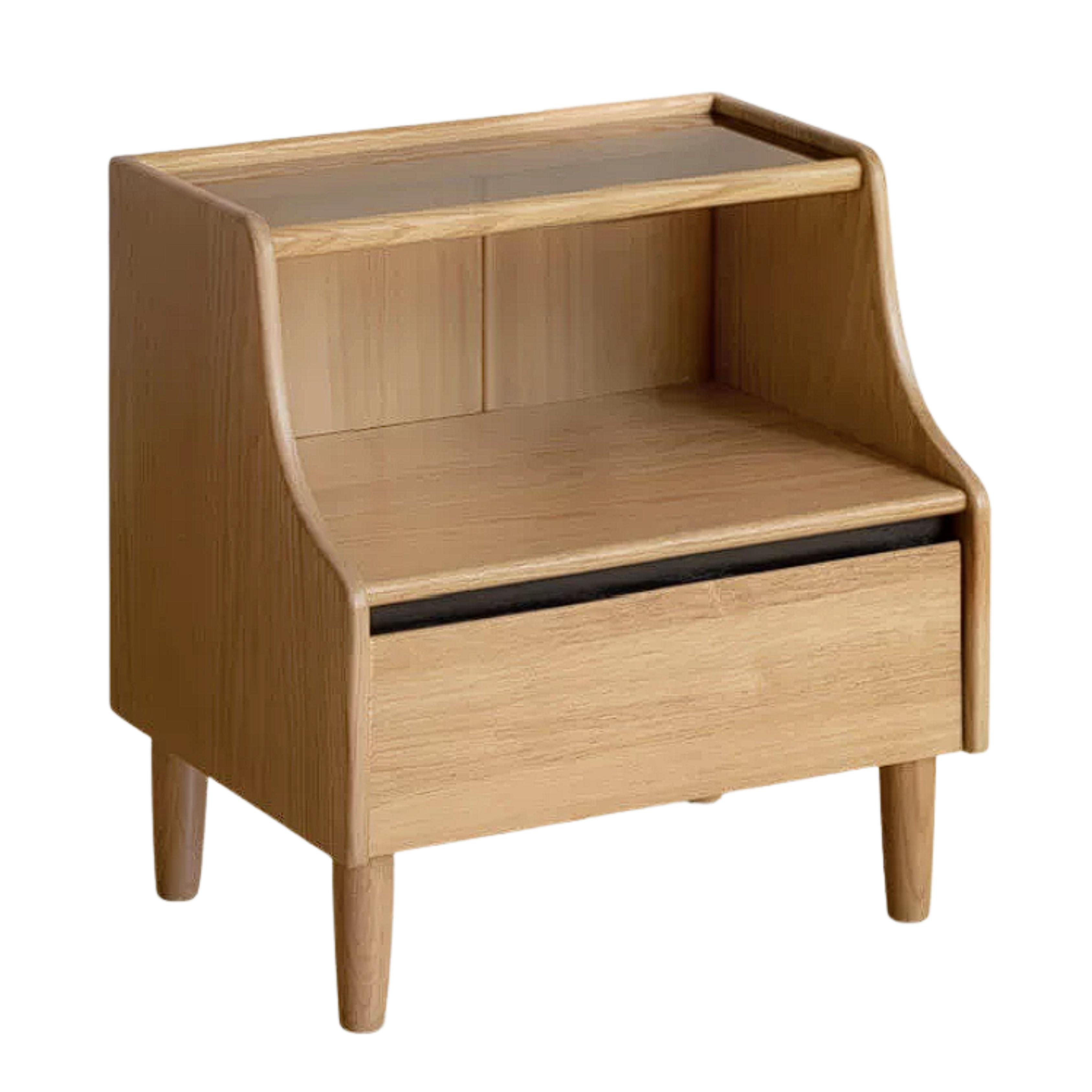 Solid RubberWood, Oak Solid Wood Nightstand with Glass Door with Storage
