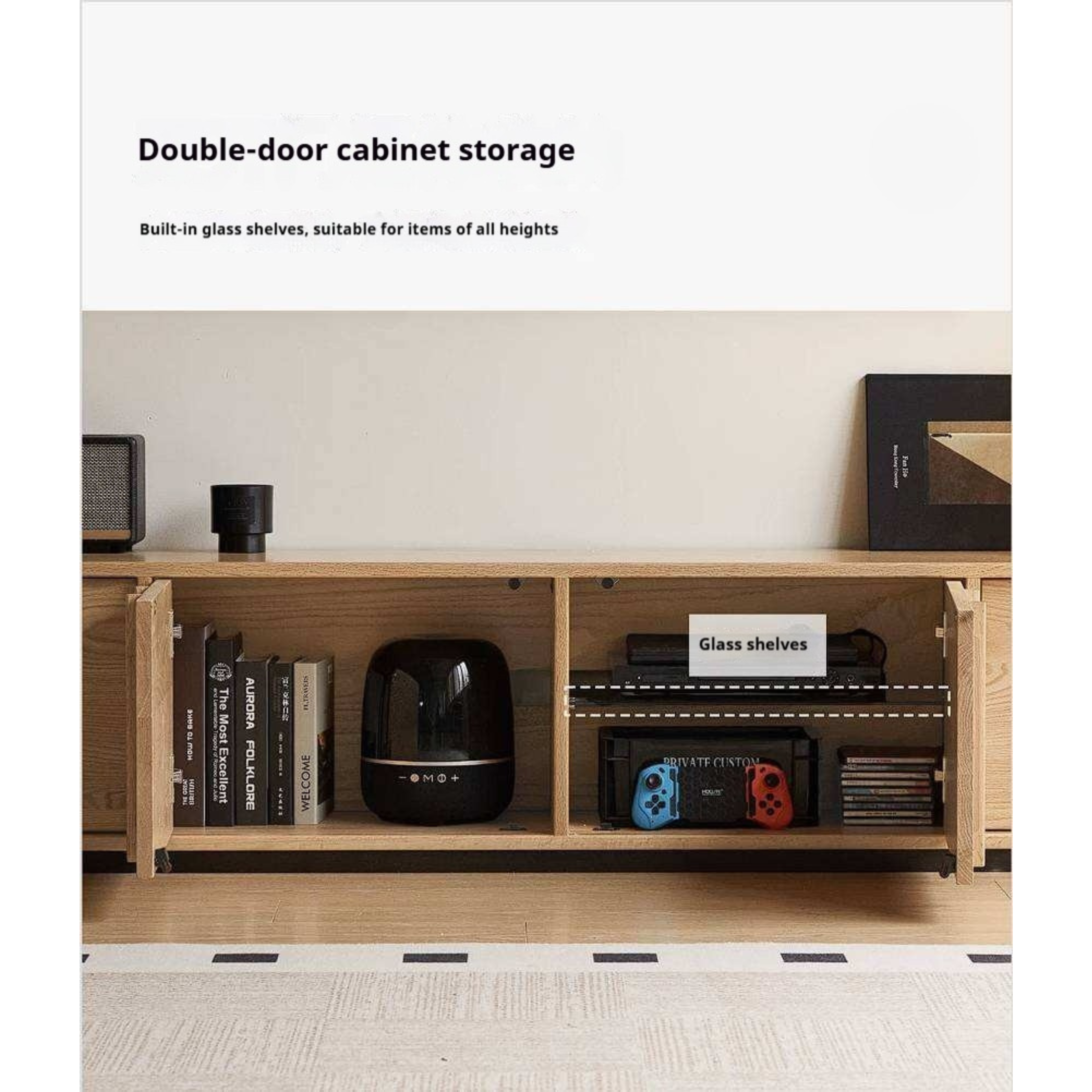 Oak Solid Wood TV Cabinet with Open Frame Storage Design