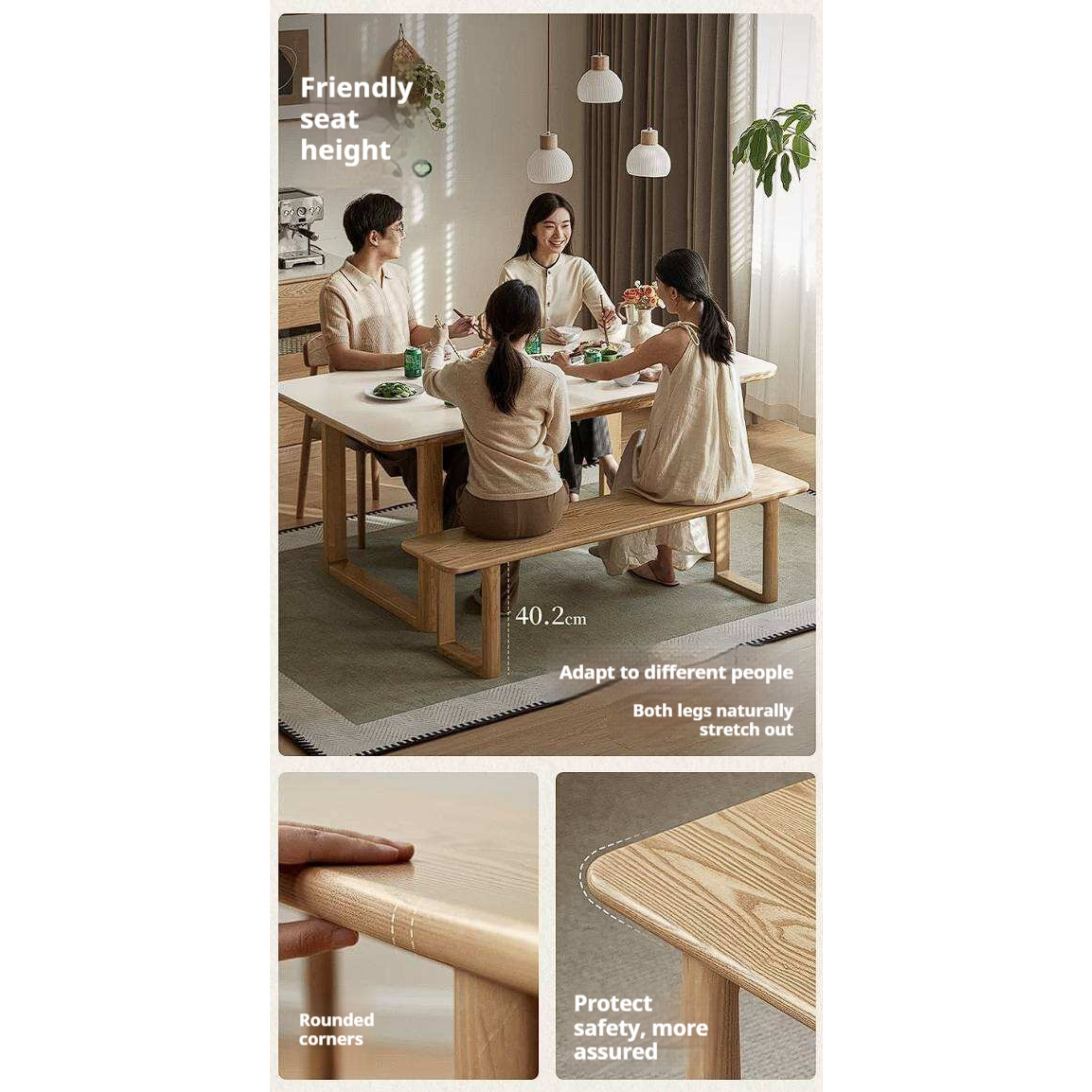 Oak, Ash, Cherry Wood Solid Wood Long Bench with Modern Minimalist Design