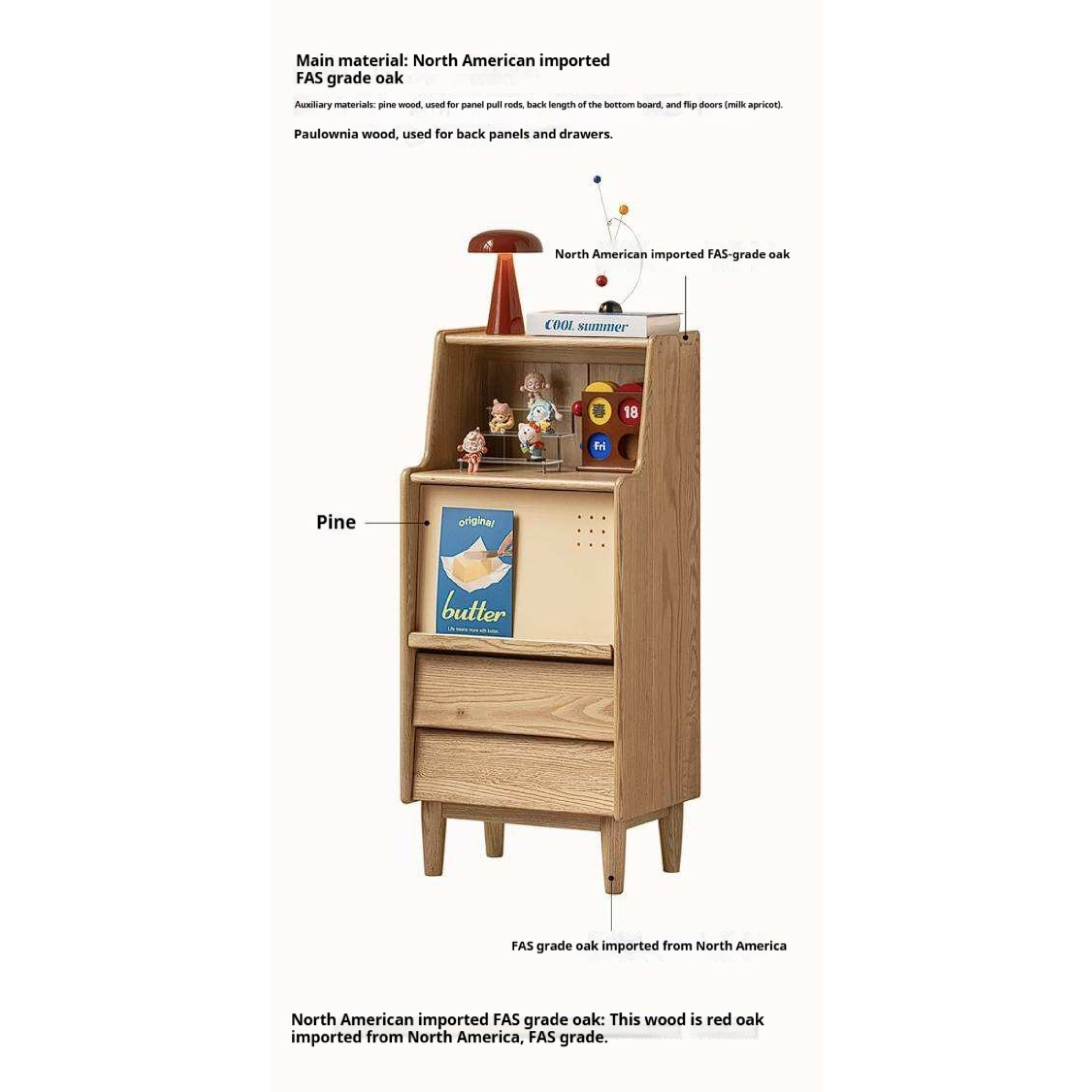 Oak Solid Wood Tall Narrow Cabinet with Open Shelf and Flip Door