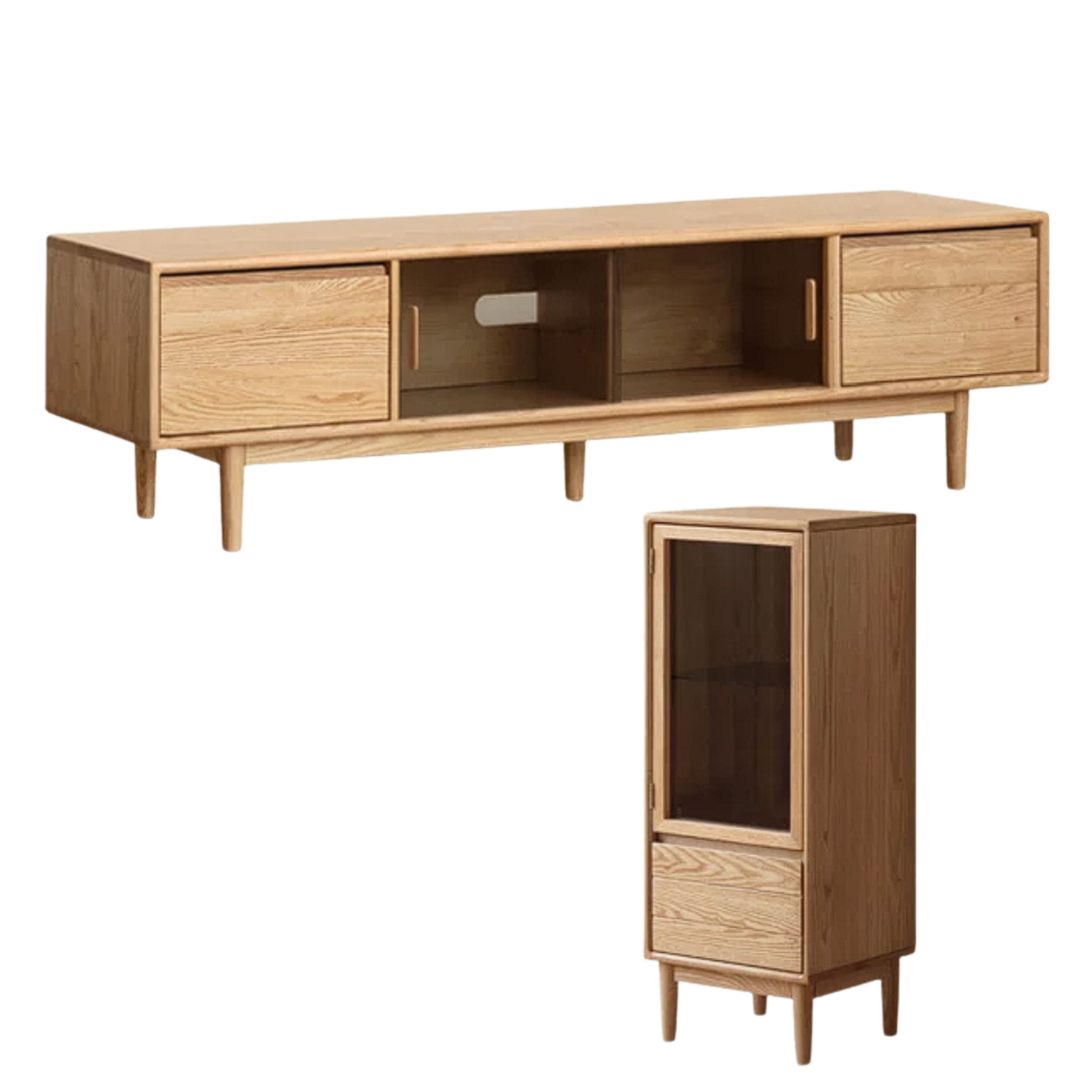 Oak, Ash Solid Wood TV Console with Ribbed Glass Sliding Doors and Tapered Legs
