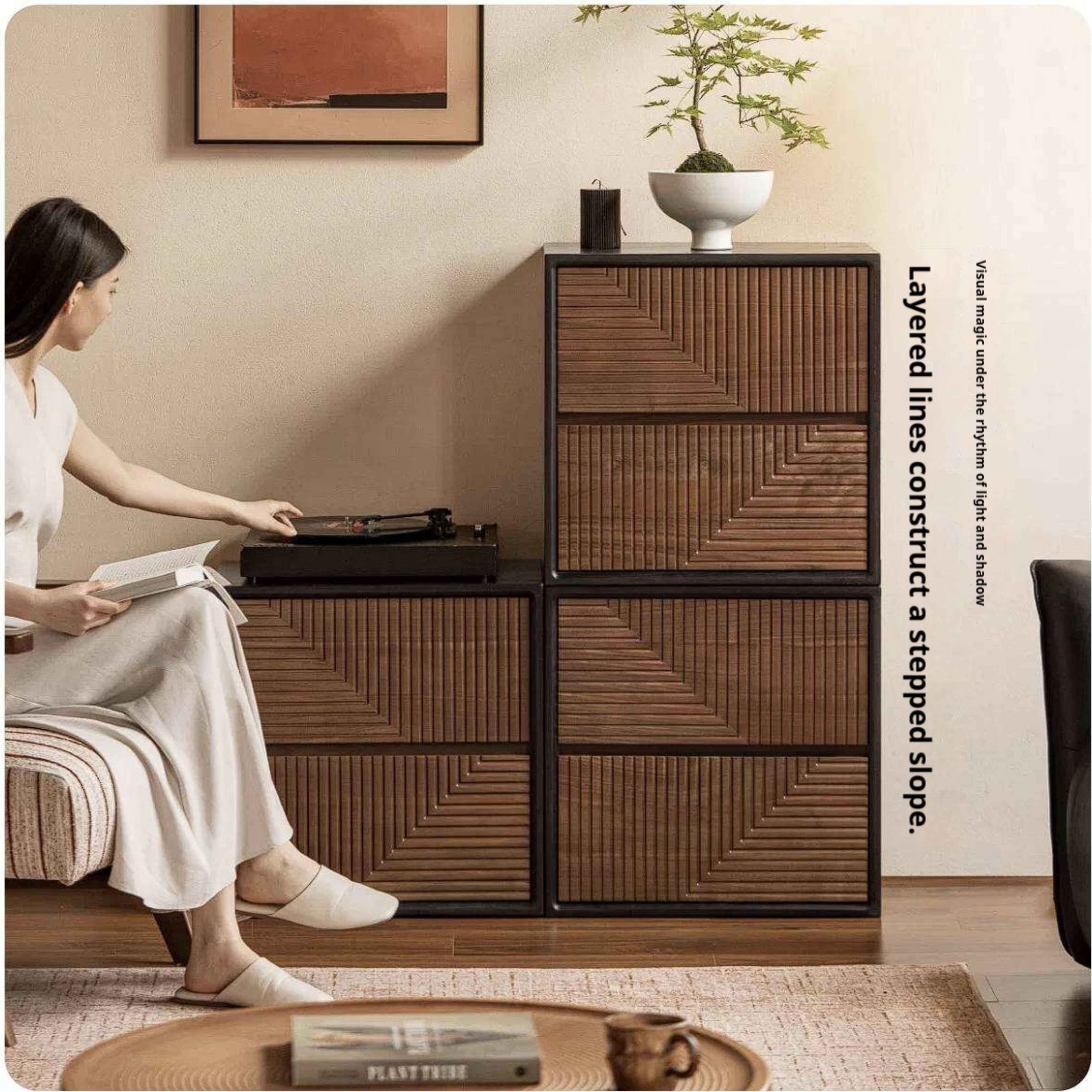 Black Walnut Solid Wood Geometric Relief Art Dresser