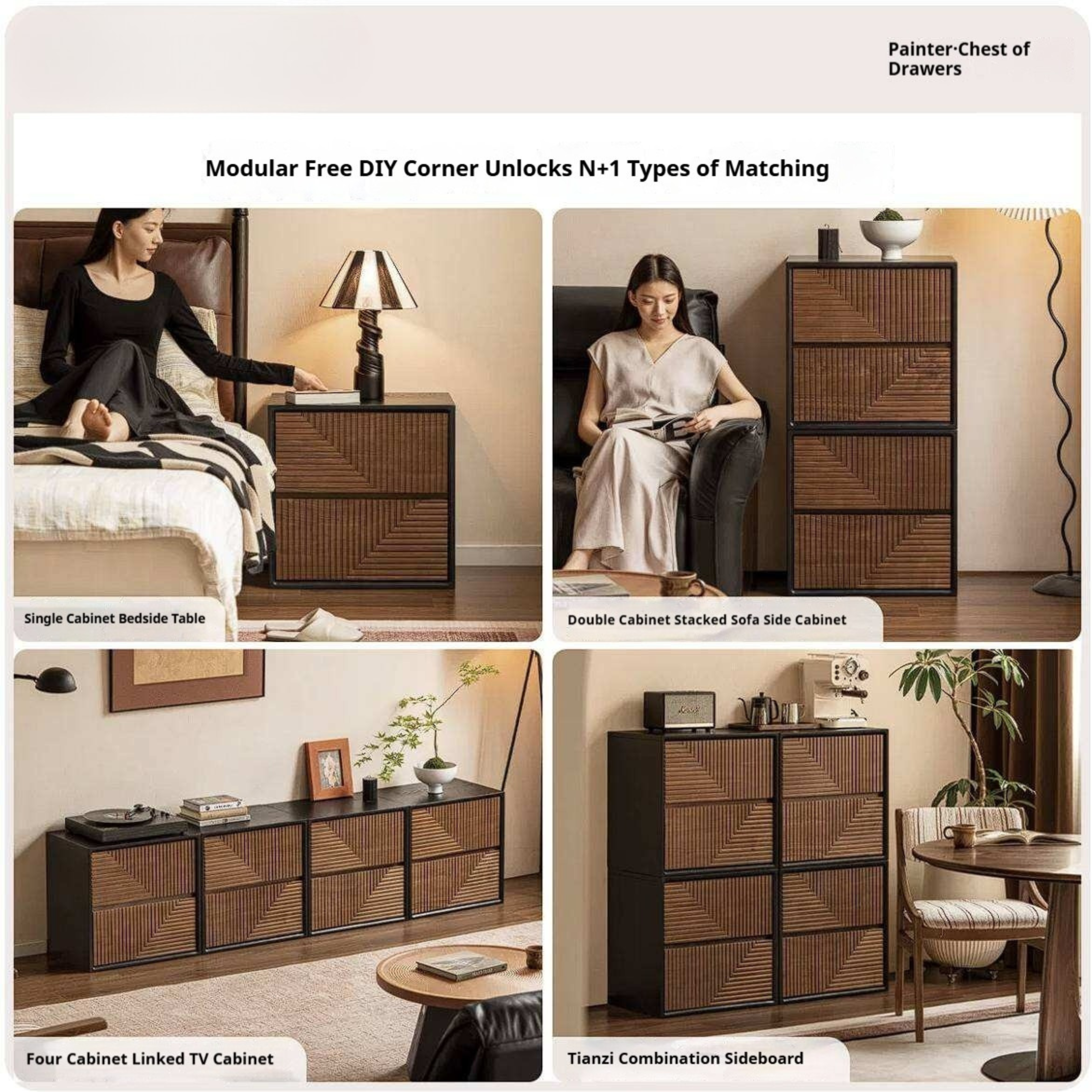 Black Walnut Solid Wood Geometric Relief Art Dresser
