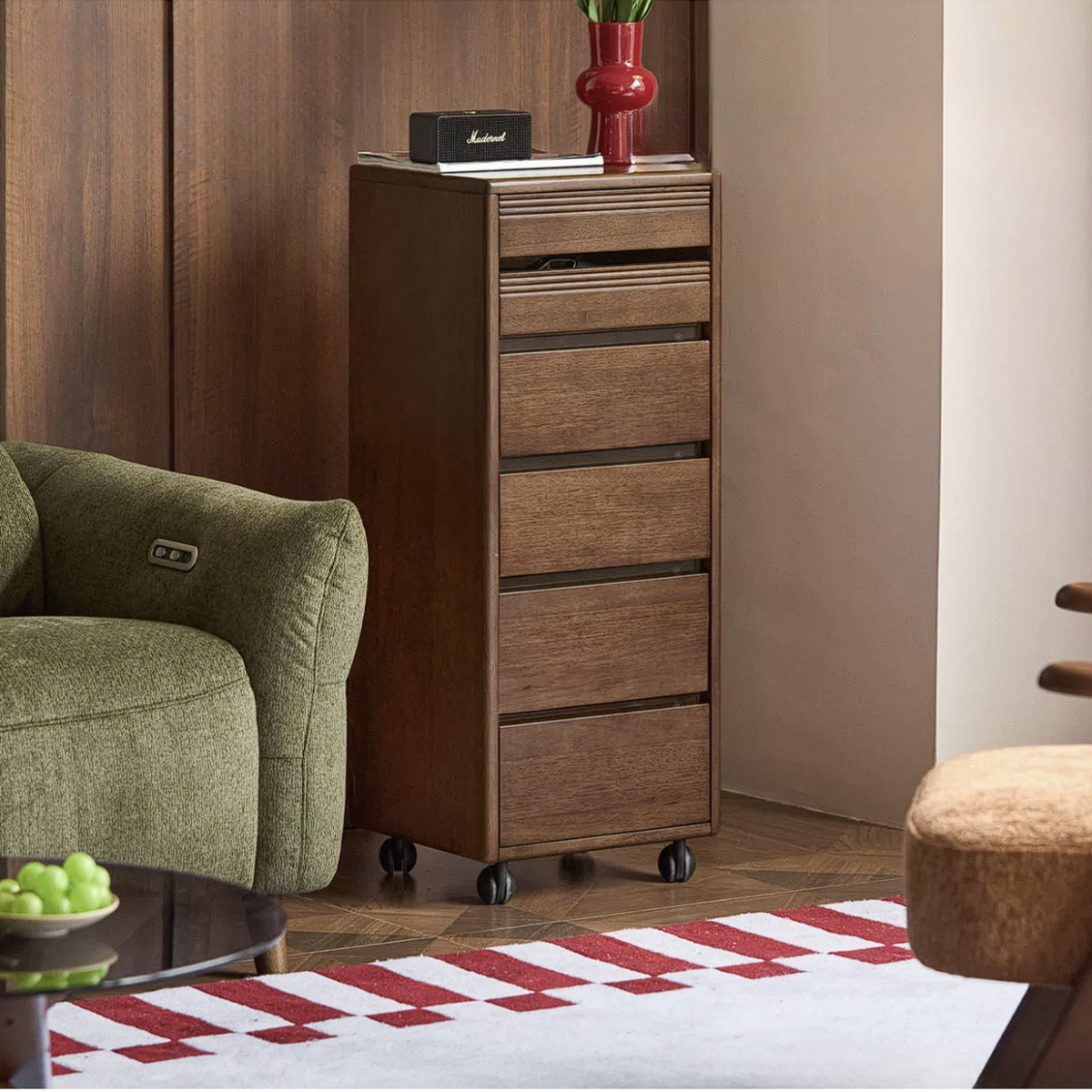 Golden Sandalwood Solid Wood Slim Rolling File Cabinet with Six Storage Drawers