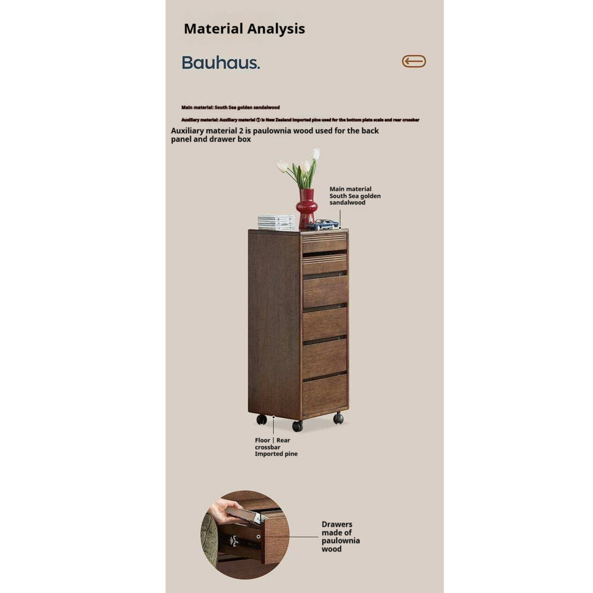 Golden Sandalwood Solid Wood Slim Rolling File Cabinet with Six Storage Drawers