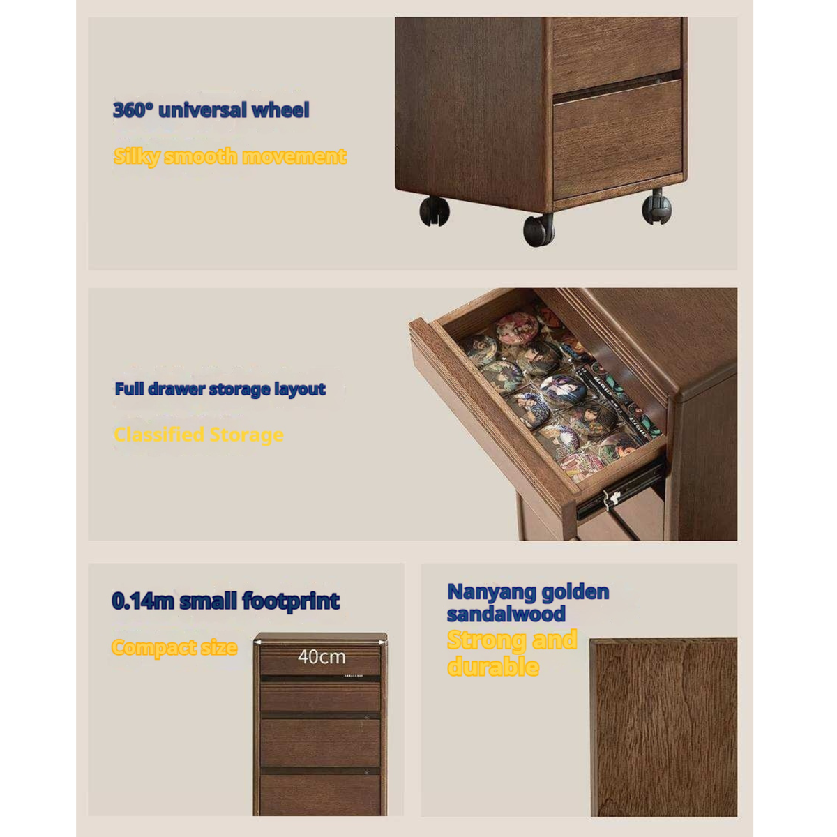 Golden Sandalwood Solid Wood Slim Rolling File Cabinet with Six Storage Drawers