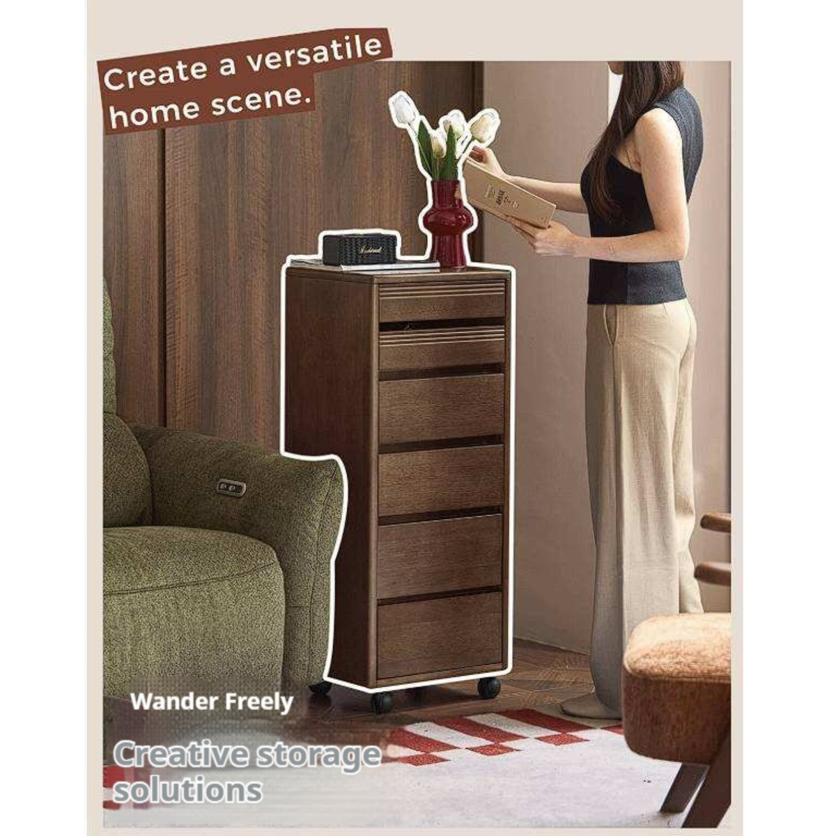 Golden Sandalwood Solid Wood Slim Rolling File Cabinet with Six Storage Drawers