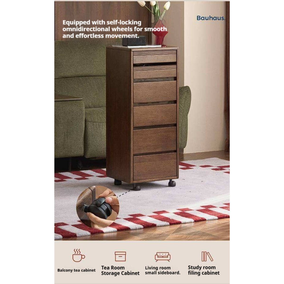 Golden Sandalwood Solid Wood Slim Rolling File Cabinet with Six Storage Drawers