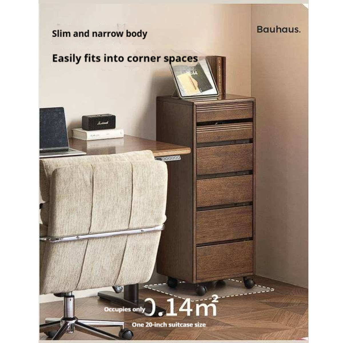 Golden Sandalwood Solid Wood Slim Rolling File Cabinet with Six Storage Drawers