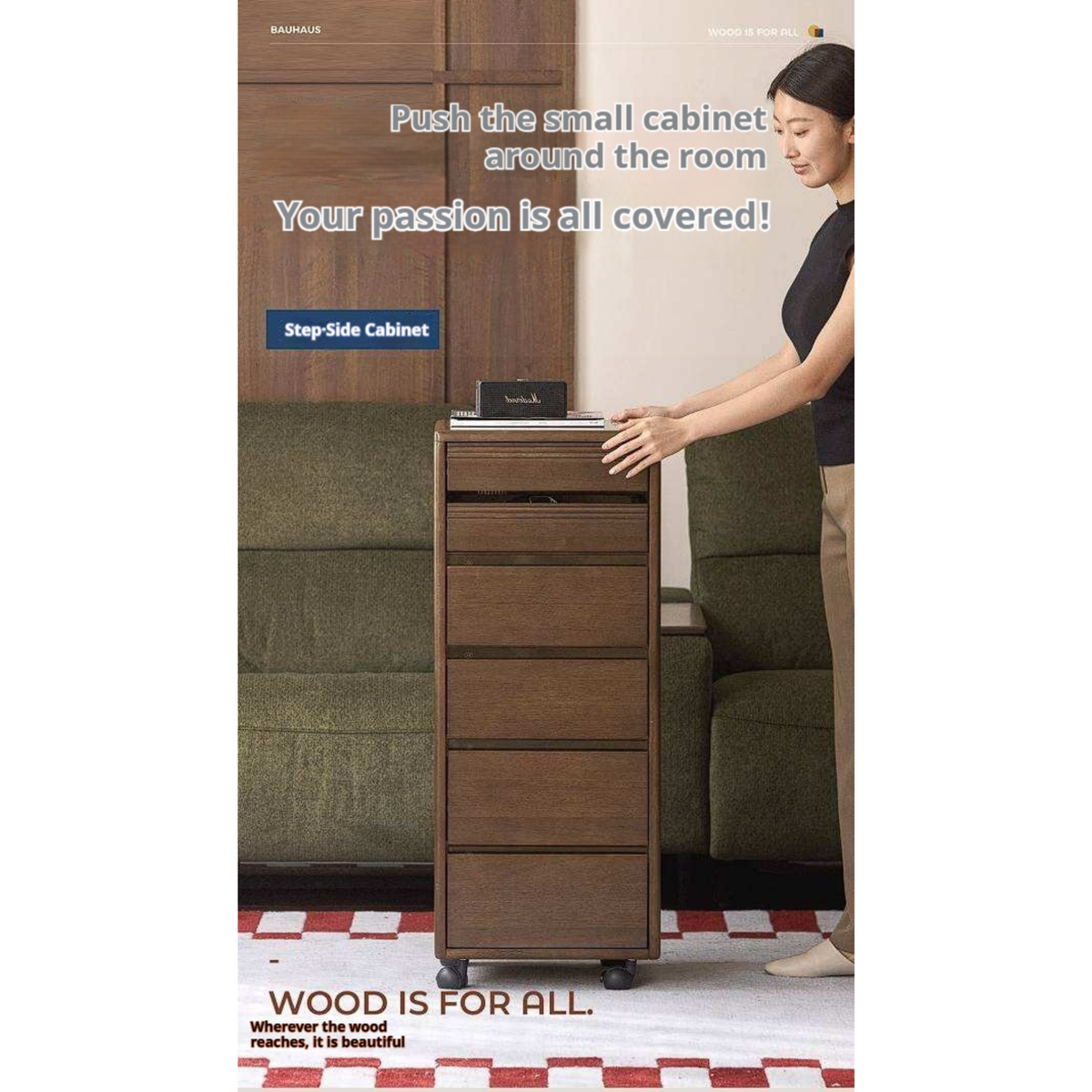 Golden Sandalwood Solid Wood Slim Rolling File Cabinet with Six Storage Drawers