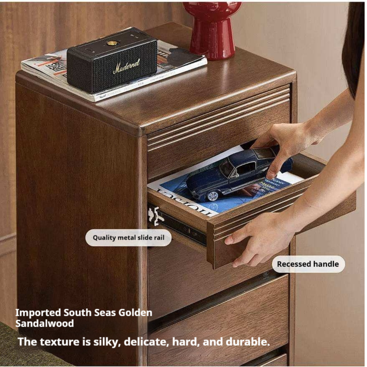 Golden Sandalwood Solid Wood Slim Rolling File Cabinet with Six Storage Drawers
