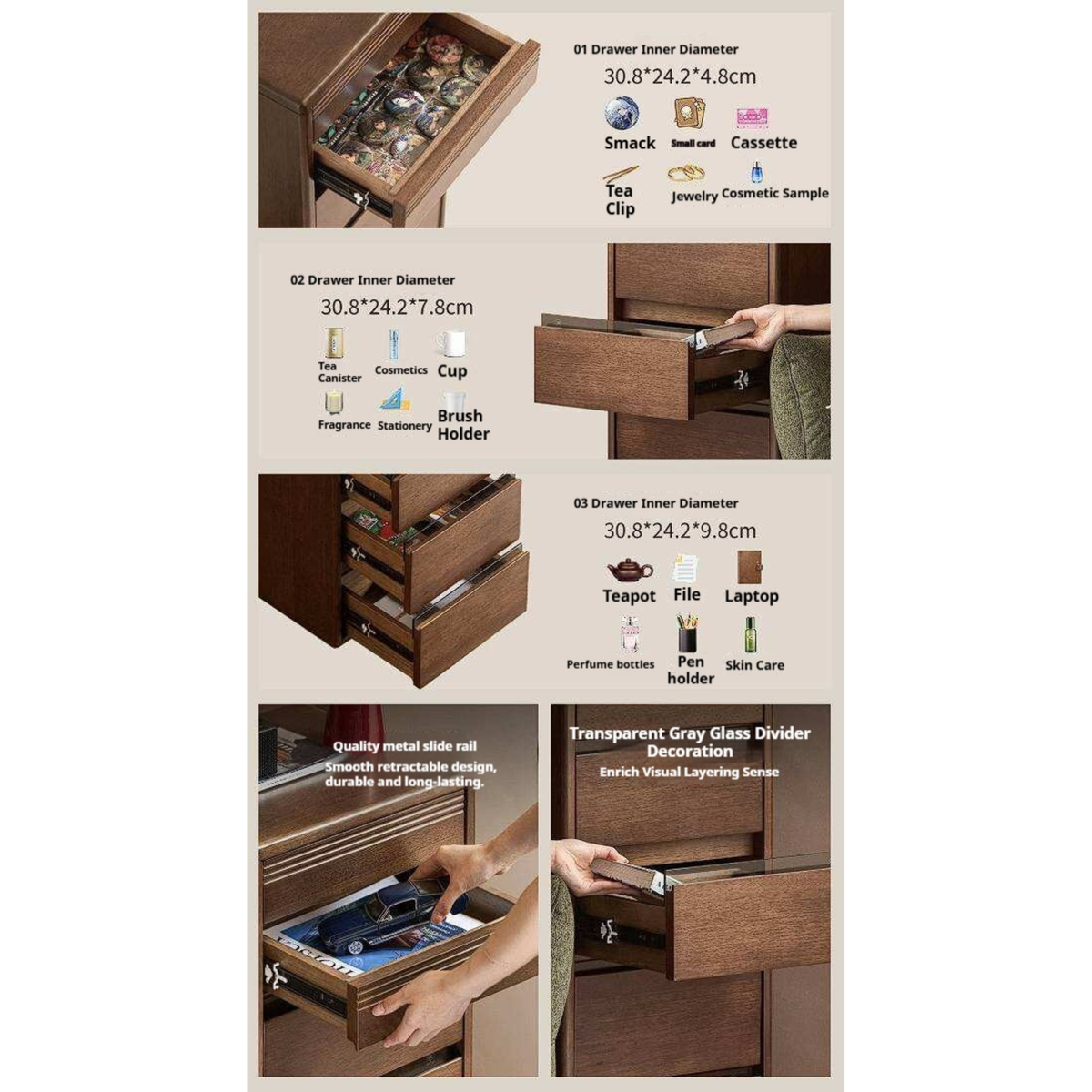 Golden Sandalwood Solid Wood Slim Rolling File Cabinet with Six Storage Drawers