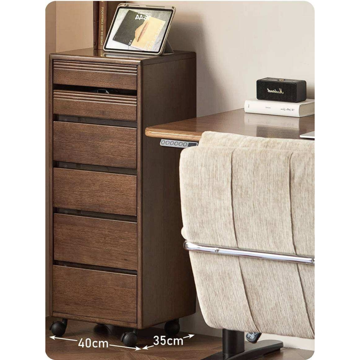 Golden Sandalwood Solid Wood Slim Rolling File Cabinet with Six Storage Drawers