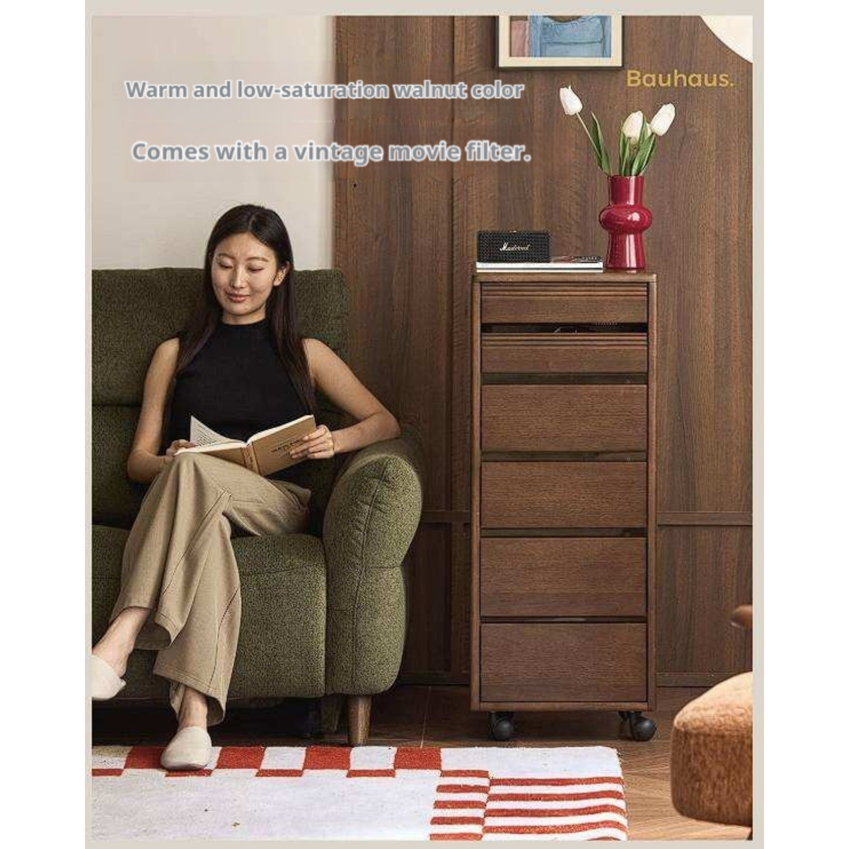 Golden Sandalwood Solid Wood Slim Rolling File Cabinet with Six Storage Drawers