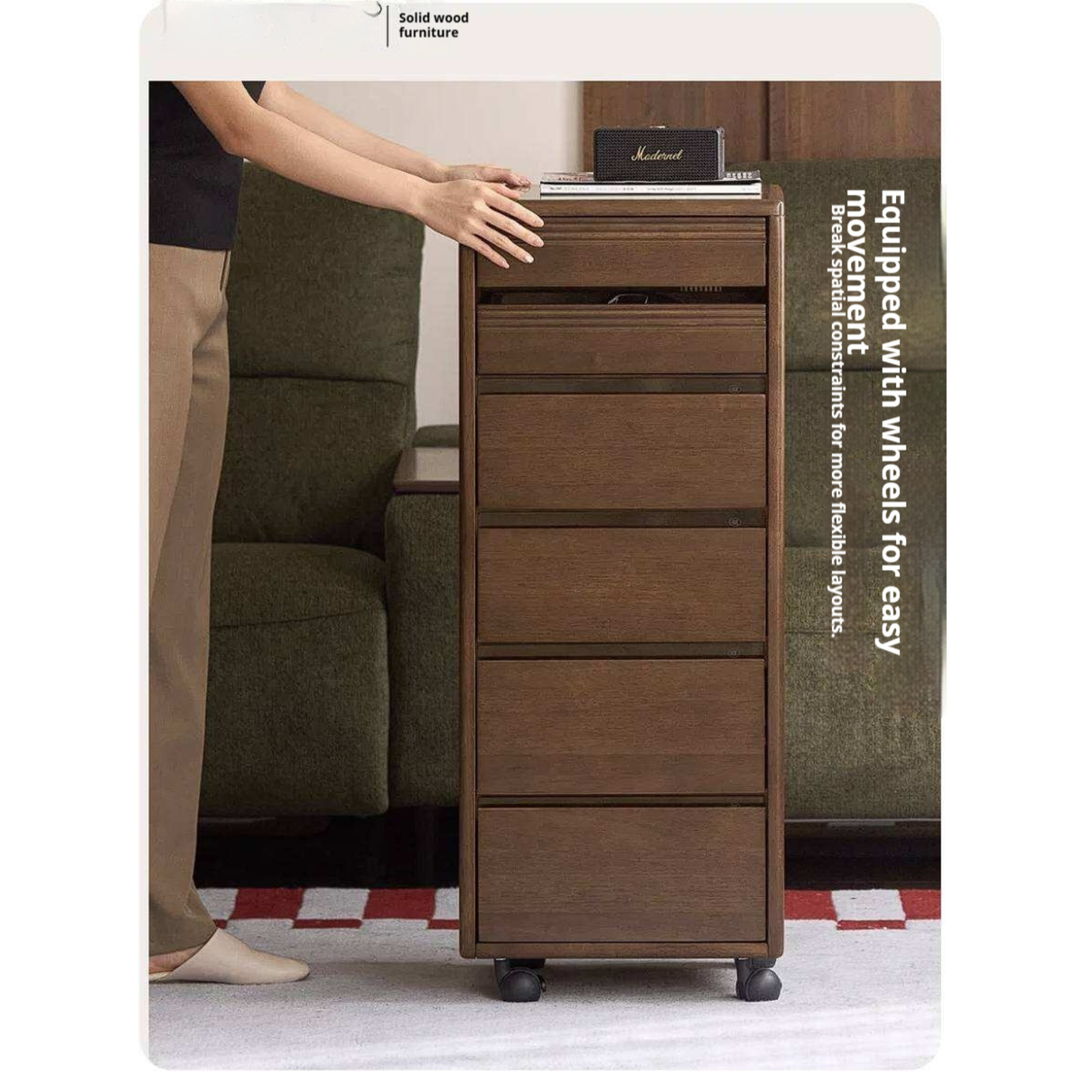 Golden Sandalwood Solid Wood Slim Rolling File Cabinet with Six Storage Drawers