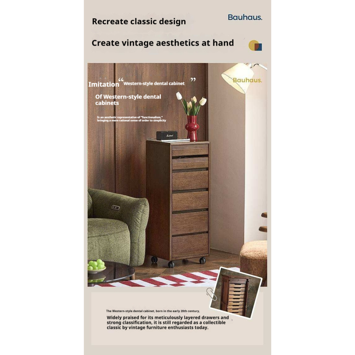 Golden Sandalwood Solid Wood Slim Rolling File Cabinet with Six Storage Drawers